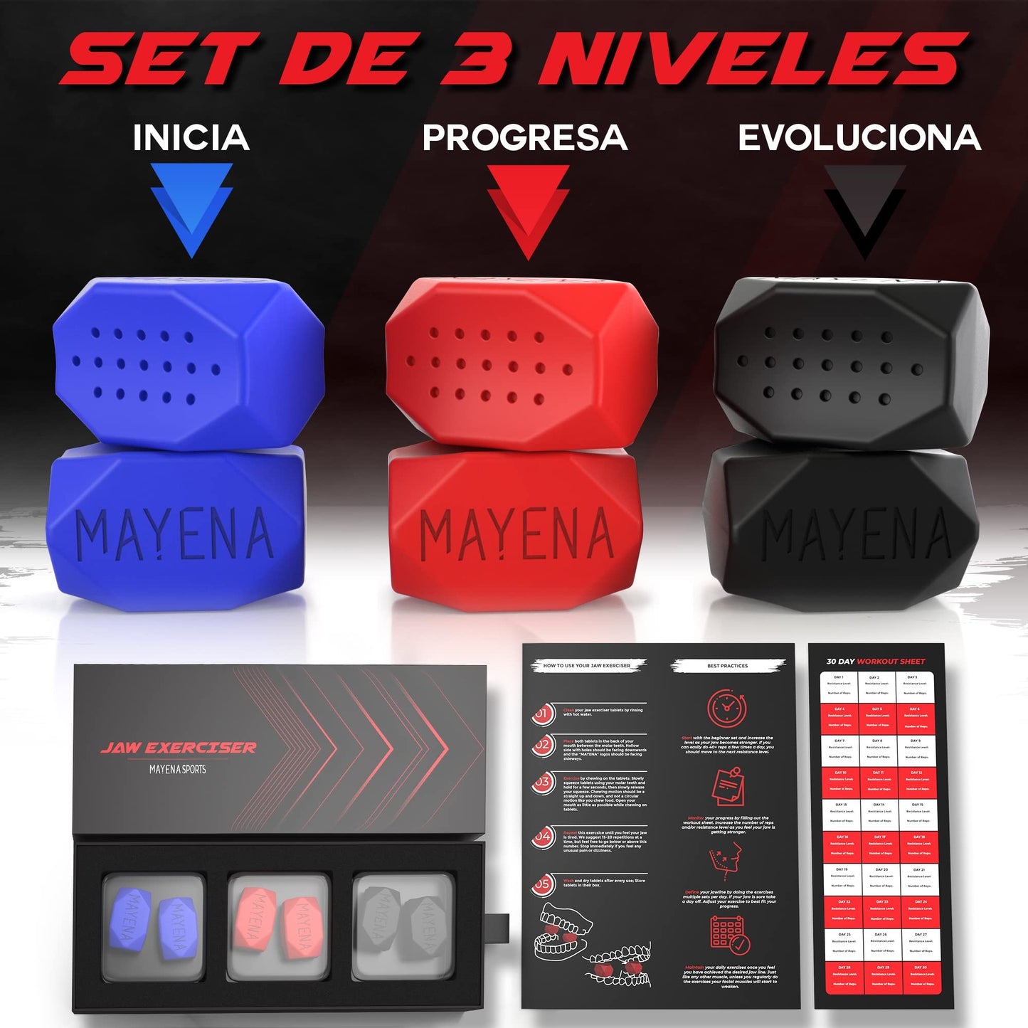 Ejercitador de mandíbula para hombres y mujeres de Mayena Sports - Tabletas de silicona para ejercitar la mandíbula - Potente entrenador de mandíbula y ejercitador facial para usuarios de todos los niveles - Adelgaza y tonifica la cara (3 Conjuntos)