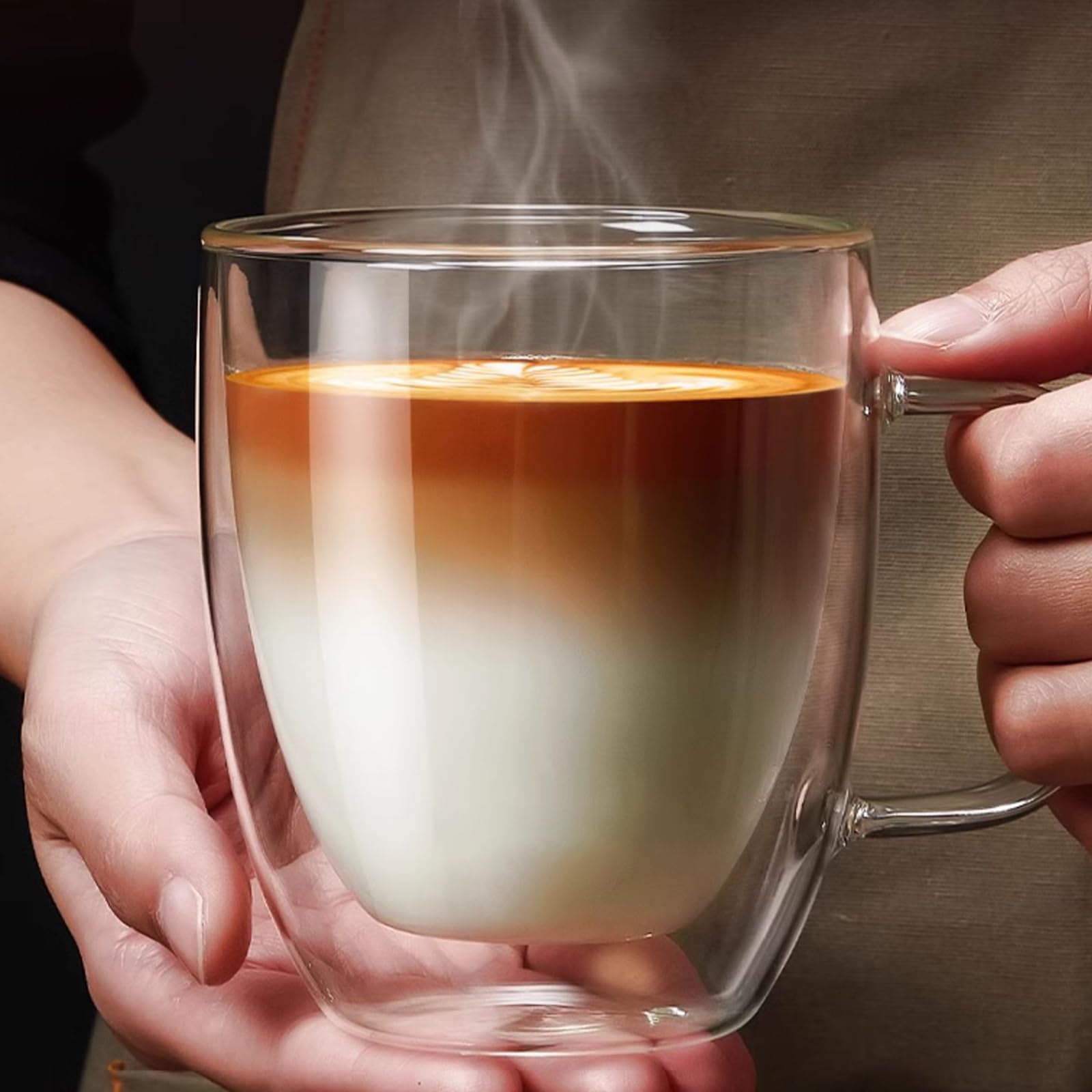 LINGLUCKY Tazas de Café de Cristal de Doble pared con Asa, 2 piezas Vasos de Café Espresso de Vidrio de Café Aislado, Tazas de Café con Leche para Cappucchino Espresso Té Café