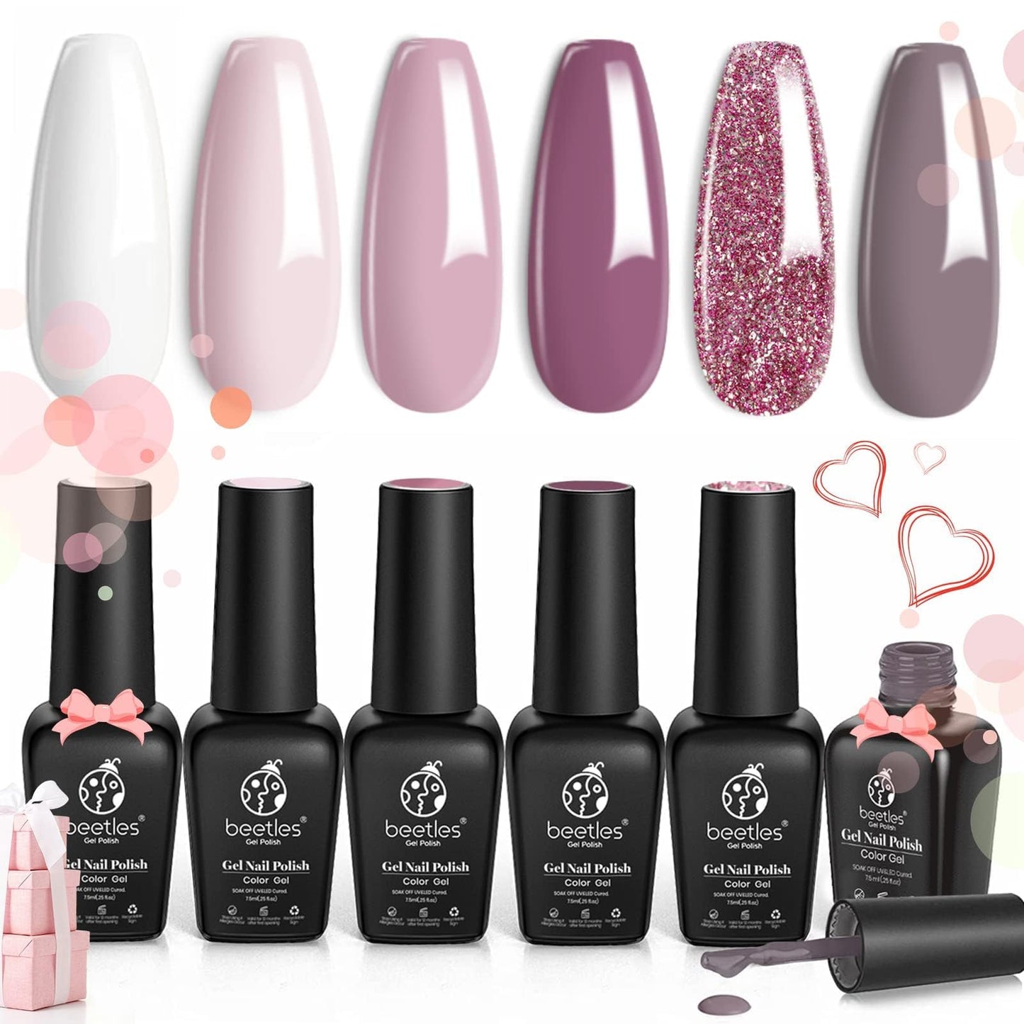 Beetles Juego de esmalte de uñas de gel romántico para boda, regalo de día festivo, día de San Valentín, 6 colores clásico francés blanco suave rosa con purpurina para dama de honor, kit de esmalte de uñas en gel para remojar el esmalte de gel UV, kit de