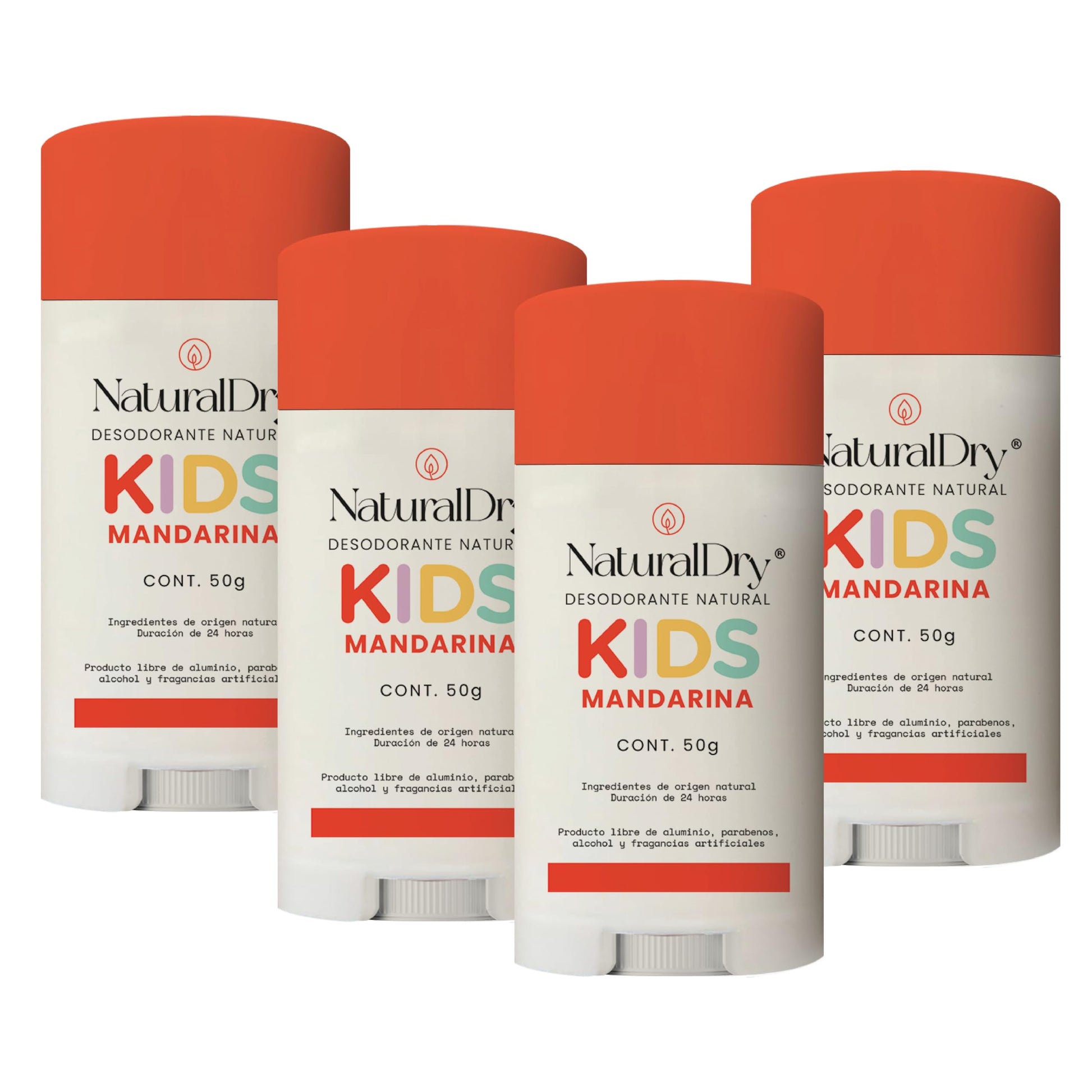 NaturalDry Kids - Desodorante infantil unisex Natural para niños - Sin aluminio - Sin parabenos - Aroma Mandarina - En barra (4 Unidades)
