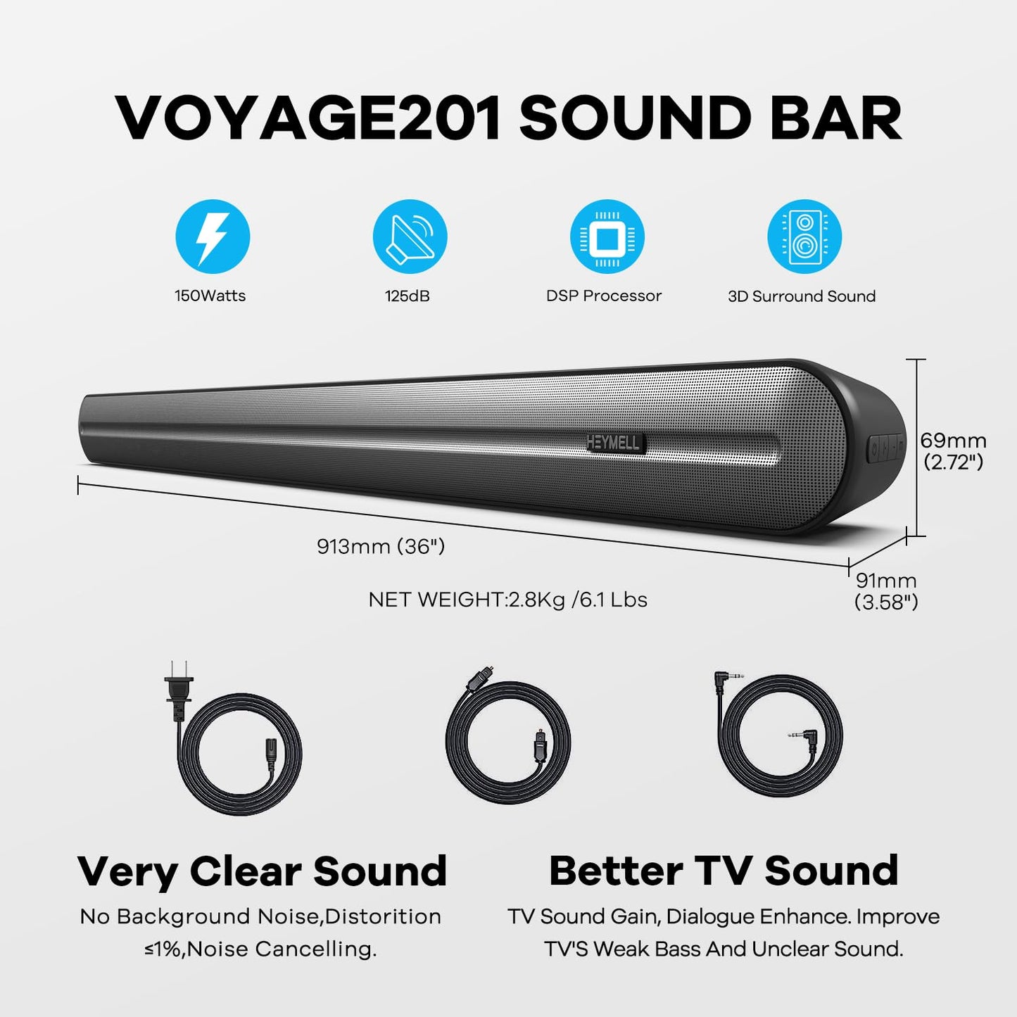 Heymell Barra de sonido Bluetooth de 150 W para TV, barras de sonido envolvente 3D para TV, barra de sonido para Smart TV con 6 controladores, sonido claro, sin ruido, altavoces de TV, barra de sonido