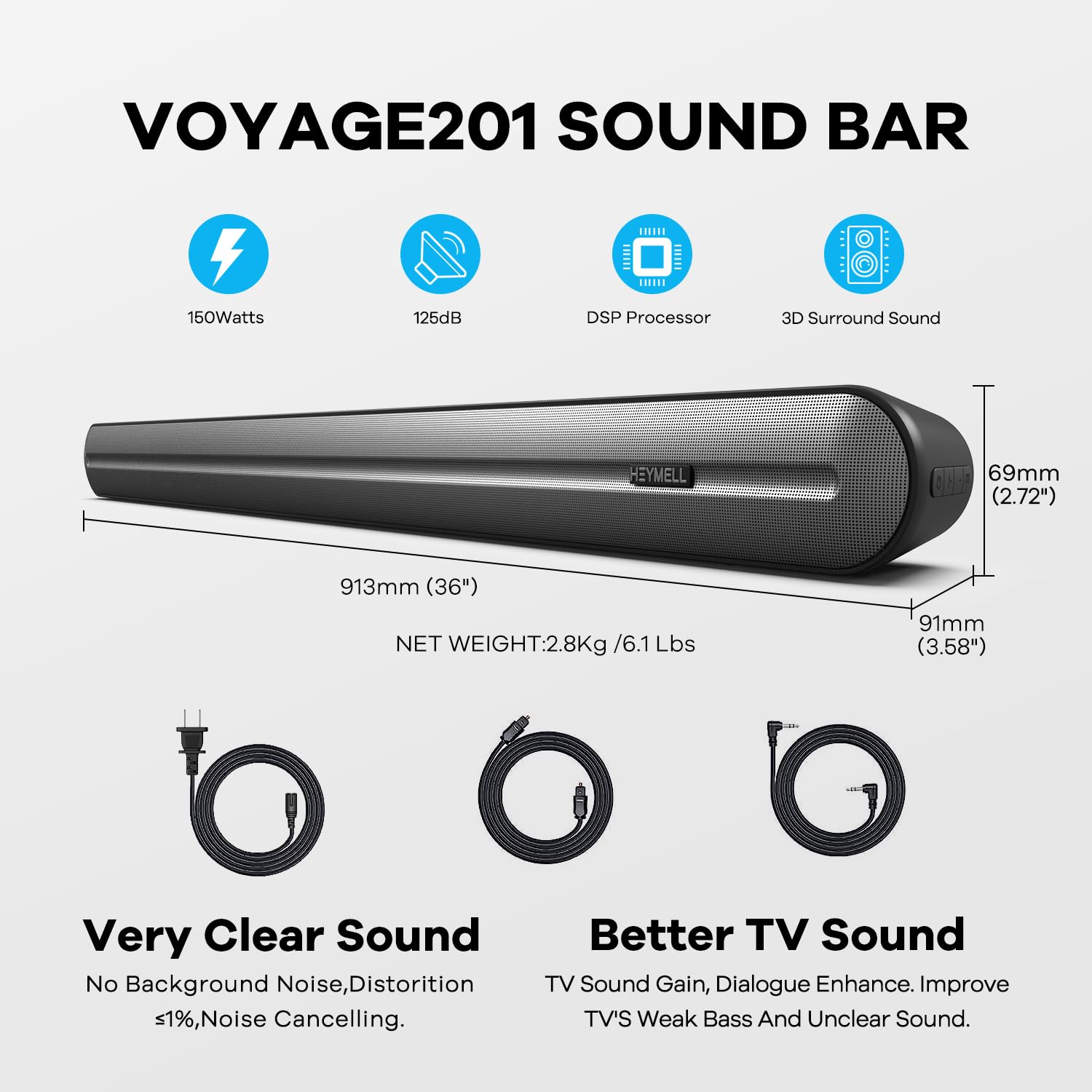 Heymell Barra de sonido Bluetooth de 150 W para TV, barras de sonido envolvente 3D para TV, barra de sonido para Smart TV con 6 controladores, sonido claro, sin ruido, altavoces de TV, barra de sonido