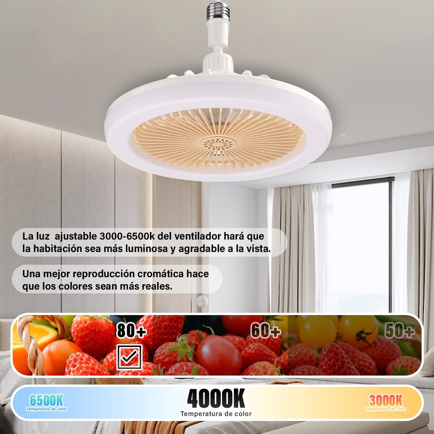 Ventiladores de Techo E27 Amariilo con Luz LED Ajustable y Ahorro Energético para Dormitorios y Oficinas