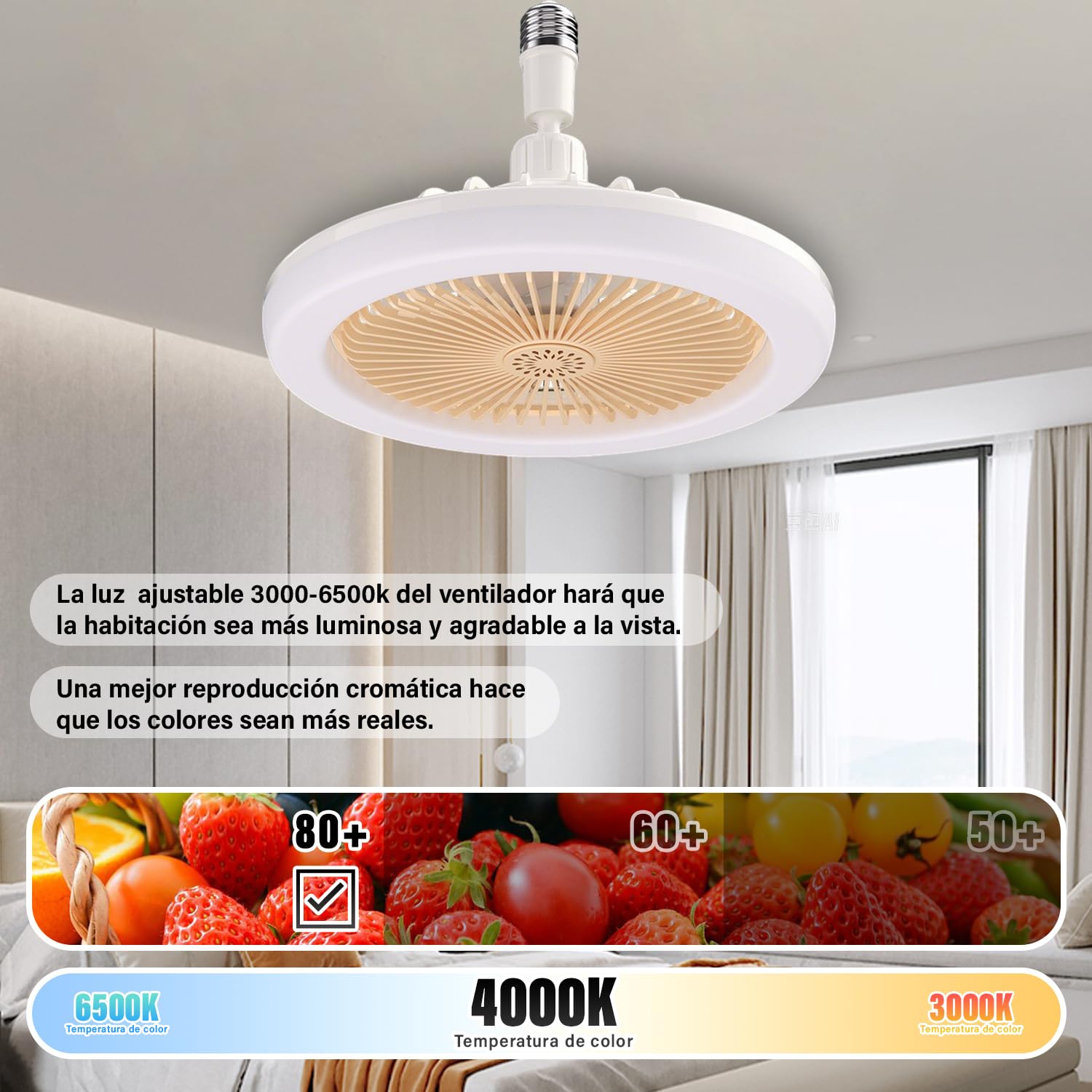 Ventiladores de Techo E27 Amariilo con Luz LED Ajustable y Ahorro Energético para Dormitorios y Oficinas