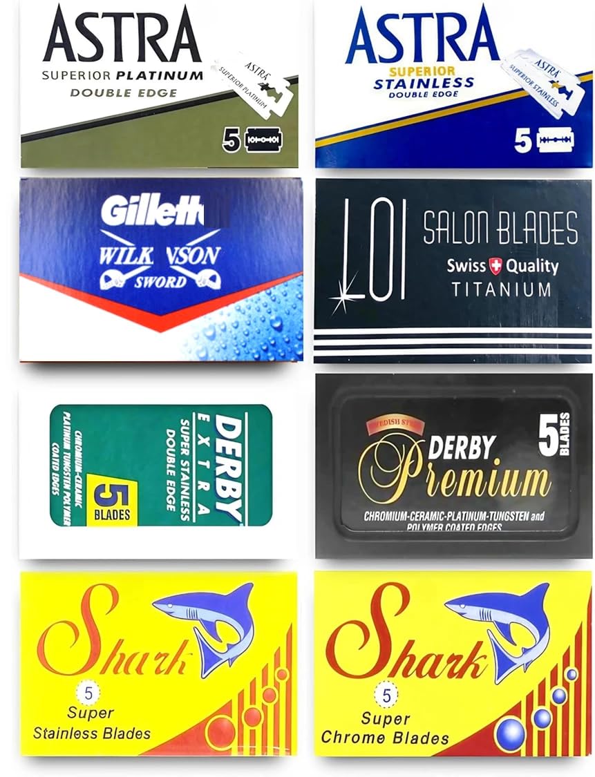 Astra-Derby-Shark-Voskhod - Cuchillas de afeitar de doble filo (40 hojas, 8 marcas diferentes)