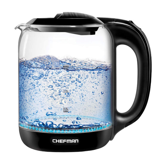 Chefman | Tetera con Jarra de Cristal | Hervidor Eléctrico de 1.7 Litros | Base de 360 Grados | Luz Led