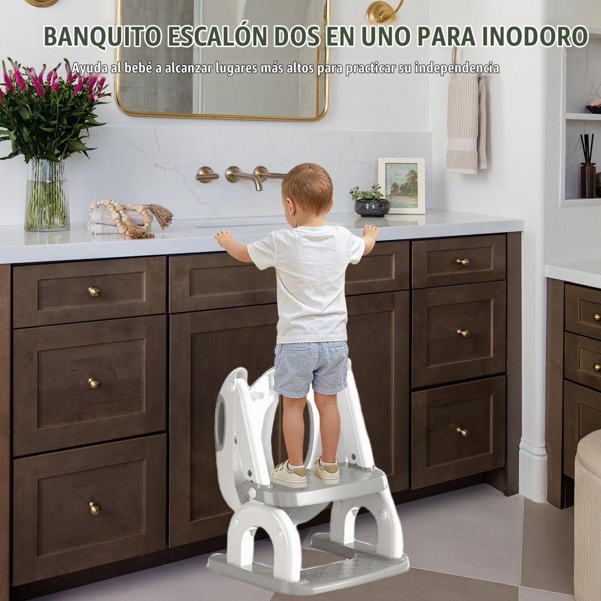Asiento para orinal 2 en 1 para niños pequeños, con taburete plegable y escalera ajustable para niños y niñas, con protector contra salpicaduras (gris)