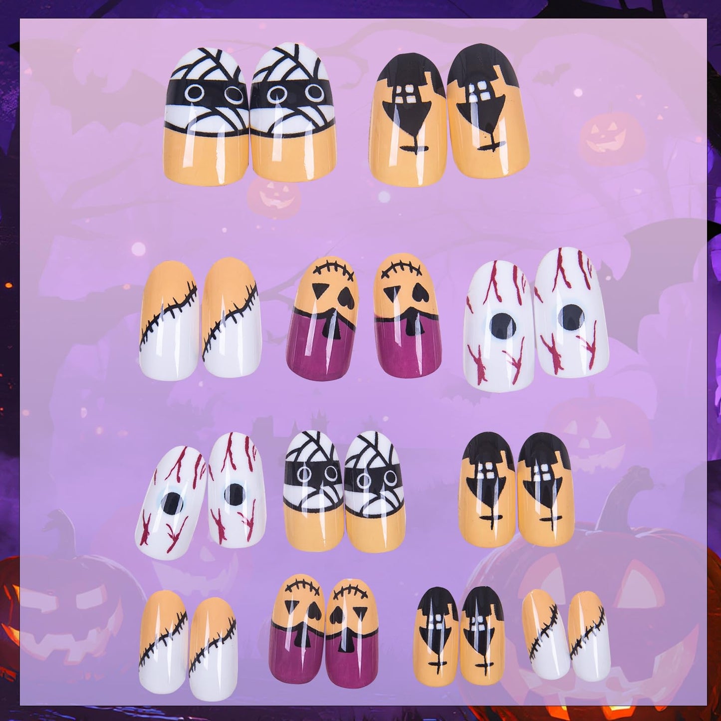 Muswarm Uñas postizas de Halloween, tamaño mediano, cortas y cuadradas, 24 piezas con calabaza, araña y casa embrujada, decoración de Halloween, con herramientas, amarillo, negro y blanco.