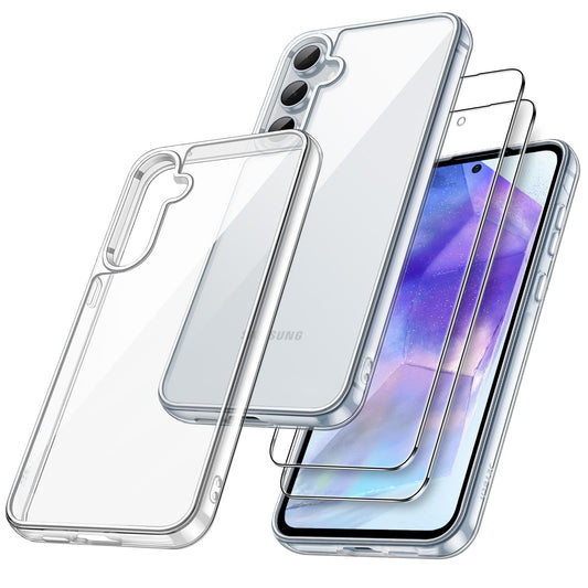 JETech 3 en 1 Funda para Samsung Galaxy A55 5G, con 2 Unidades Protector Pantalla, Mica Cristal Vidrio Templado, Carcasa Antigolpes Protectora Respaldo Transparente (Transparente)