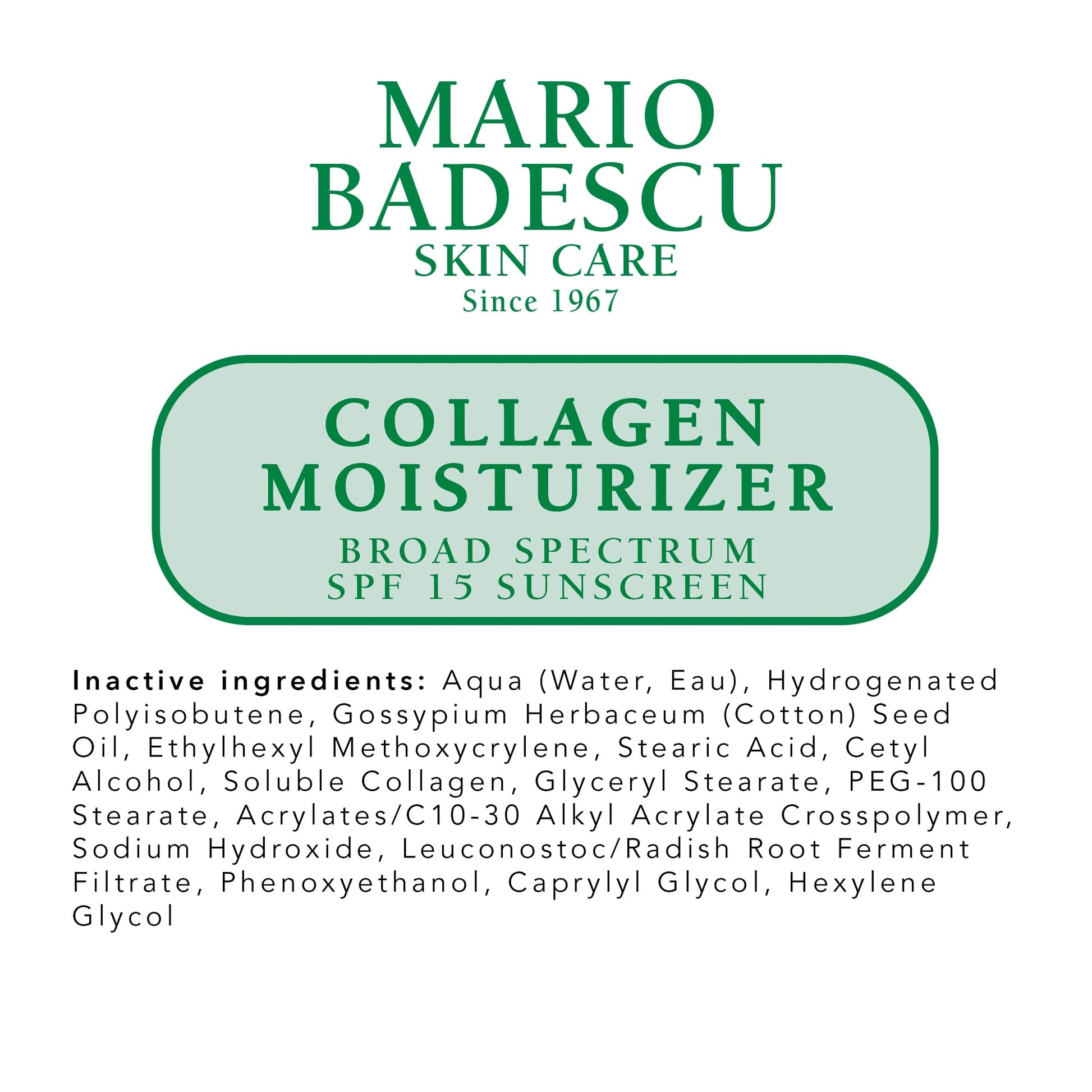 Mario Badescu Hidratante facial de colágeno para mujeres y hombres con SPF 15 para piel mixta y sensible, crema facial hidratante diurna con colágeno y aceite de semilla de algodón, 59 ml