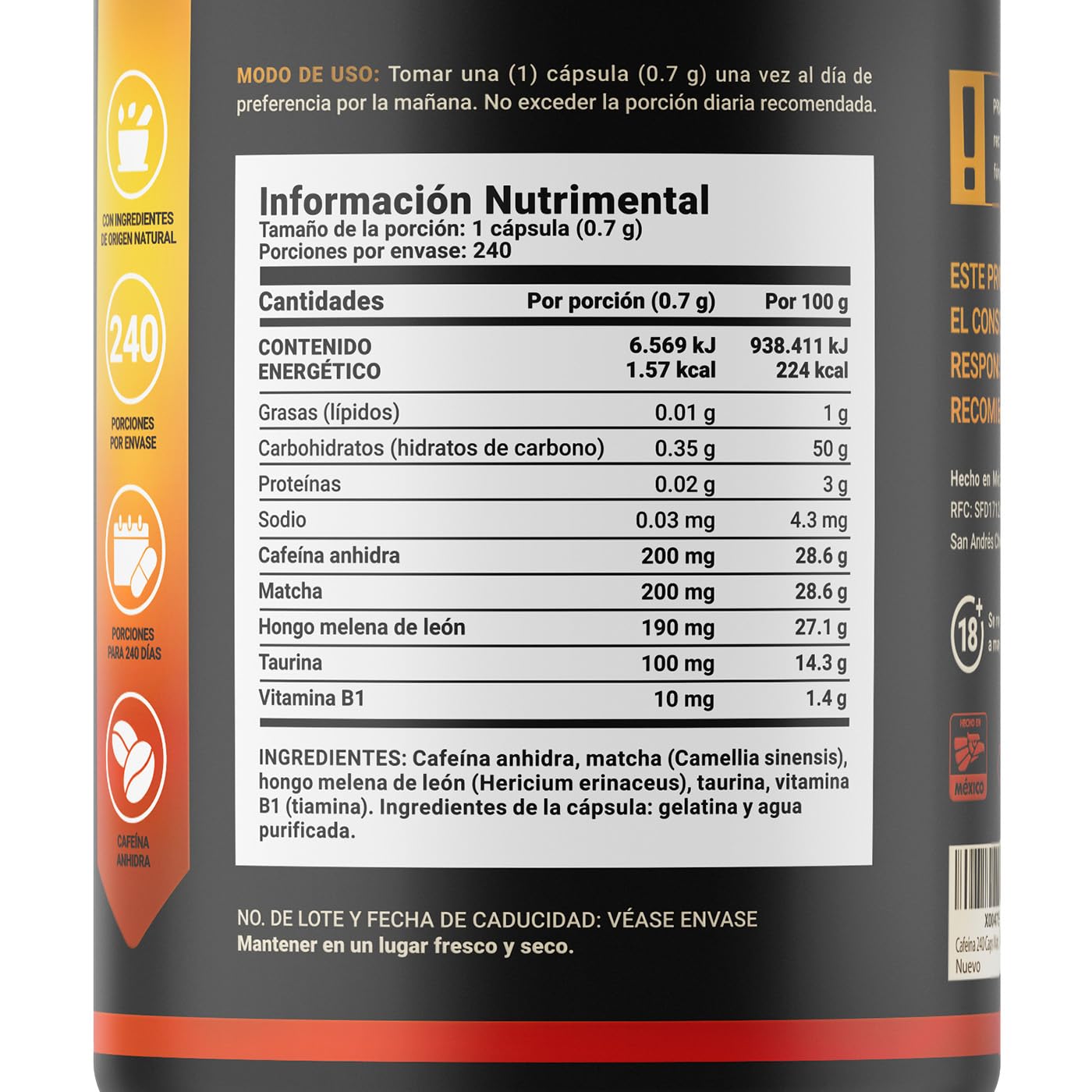 Cafeína Anhidra 240 Cápsulas de 700 mg. Adicionada con Matcha, Melena de León, Taurina y Vitamina B1. Ingredientes Naturales. Caffeine Blend B Life
