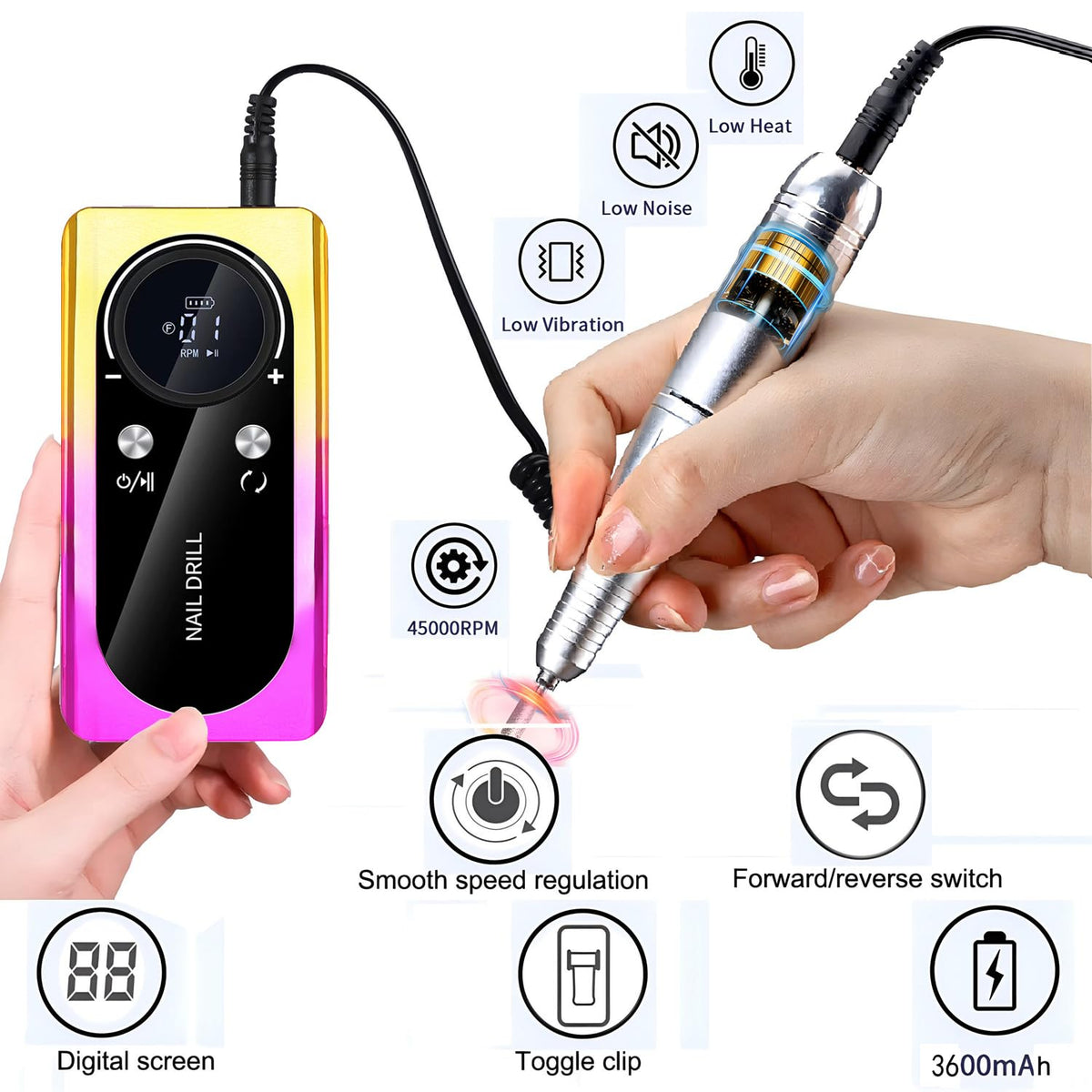 Taladro Eléctrico de Uñas FLRONGSUN Recargable Portátil con LCD para Manicura y Pedicura