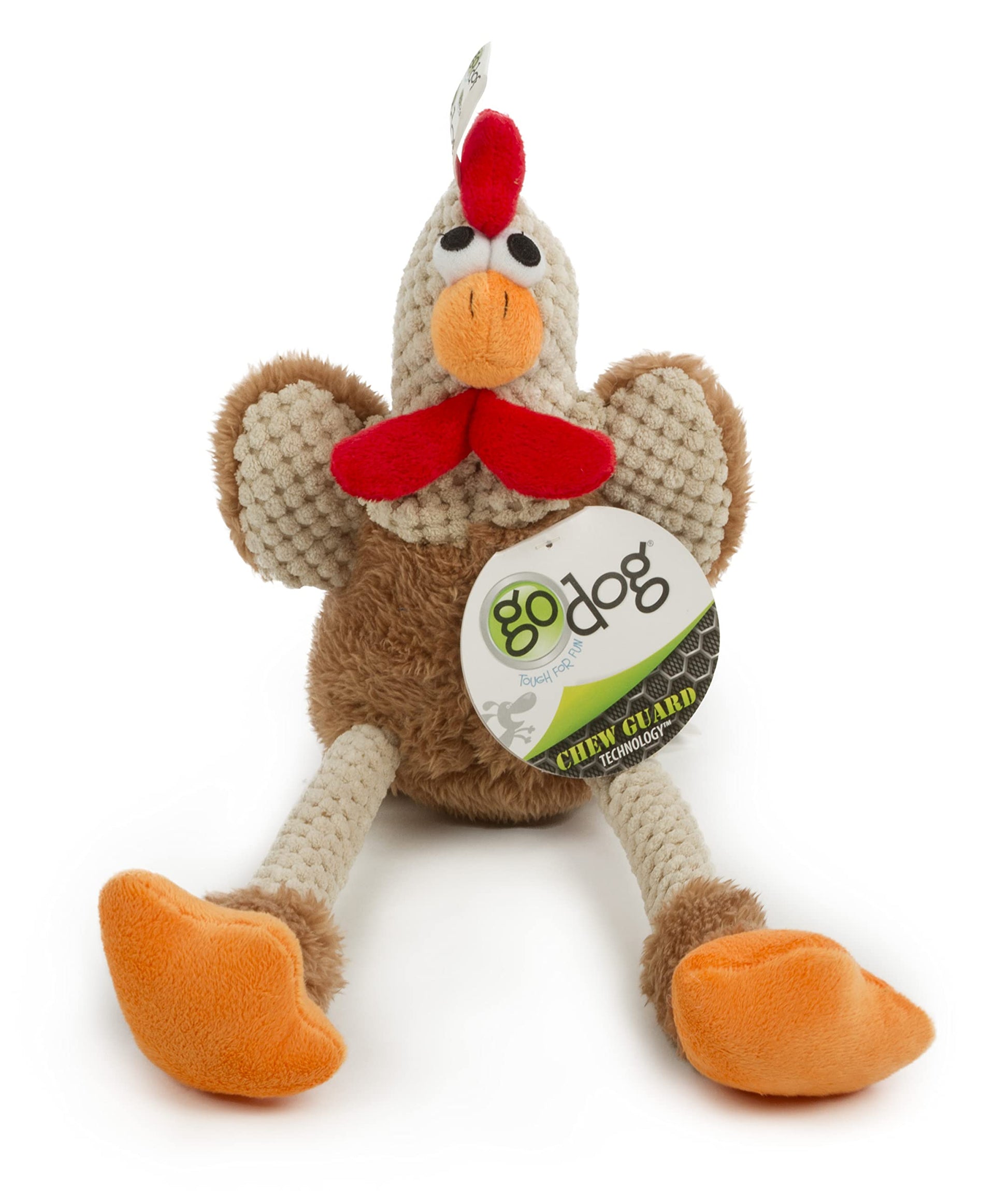 goDog Checkers Skinny Rooster With Chew Guard Technology Tough Plush Dog Toy, Brown, Small