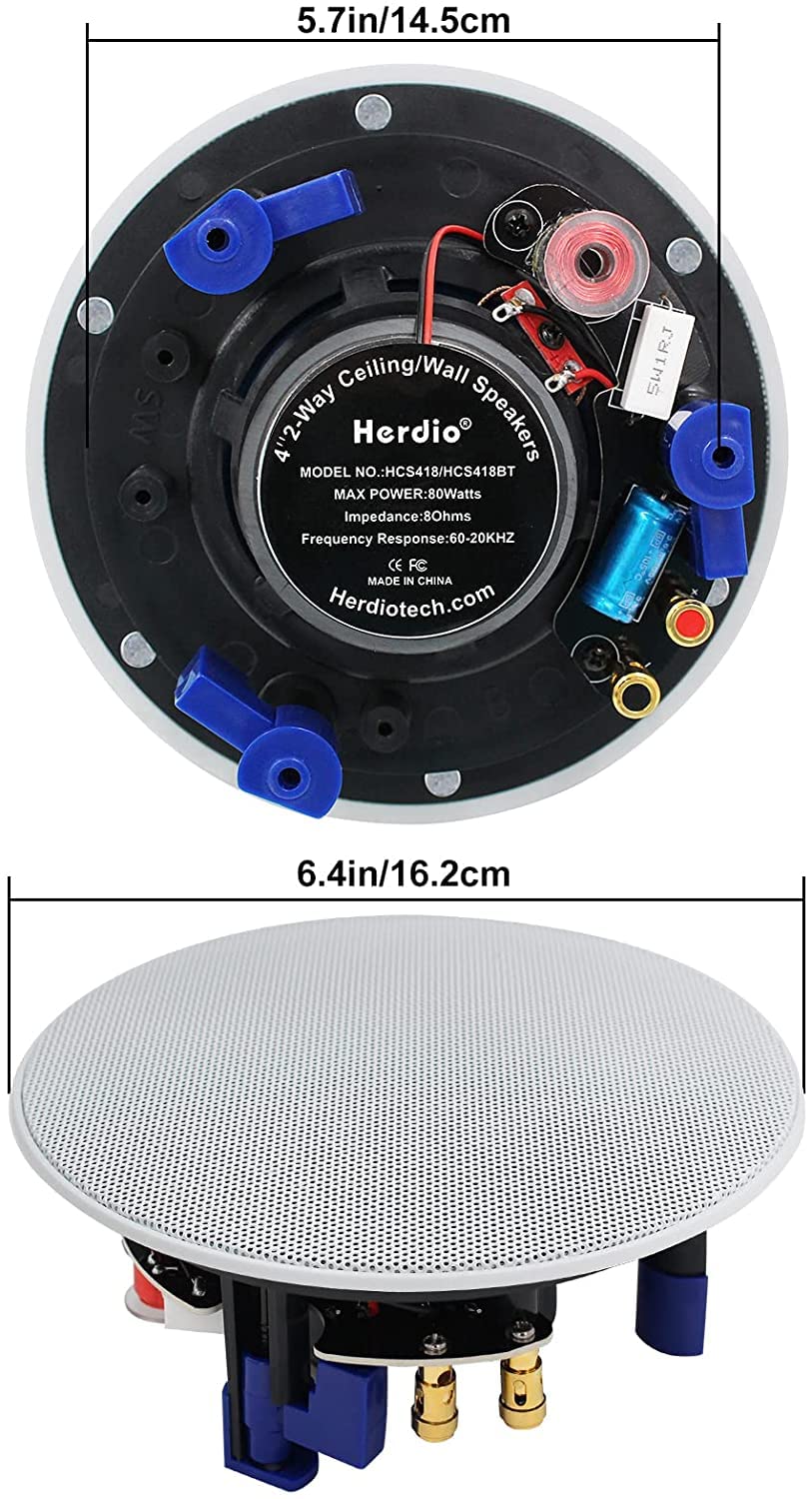 Herdio - Altavoces de techo de 320 vatios de 2 vías de montaje empotrado de 4 pulgadas para baño, cocina, sala de estar, oficina, 4 altavoces