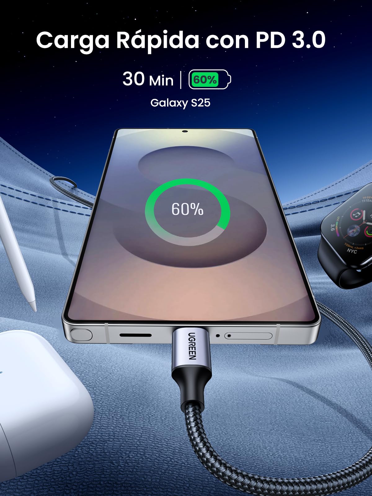 Cable USB C UGREEN Negro 60W PD Carga Rápida 2 Unidades
