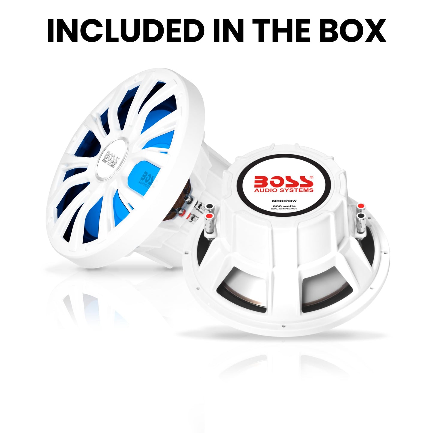 Boss Audio Systems MRGB10W - Subwoofer para Barco de 10 Pulgadas, 800 vatios máximo, Doble Bobina de Voz de 2 ohmios, iluminación Multicolor, Resistente a la Intemperie, se Vende Individualmente