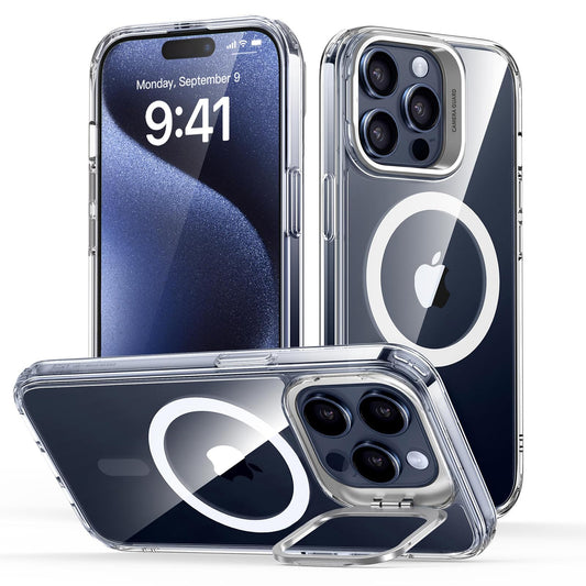 ESR Funda para iPhone 15 Pro MAX, Compatible MagSafe, Funda Protectora Grado Militar, Funda con Soporte Oculto Integrado, Parte Trasera Resistente a Arañazos, Serie Classic, Transparente