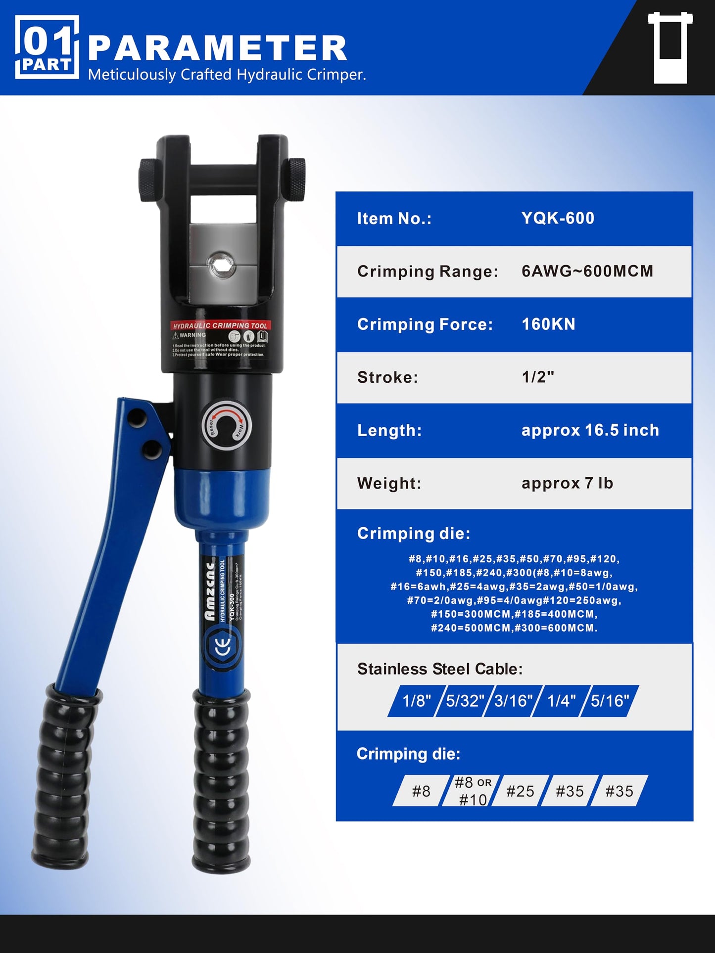 Crimpadora Hidráulica Industrial AMZCNC 16 Toneladas con 13 Juegos de Troqueles