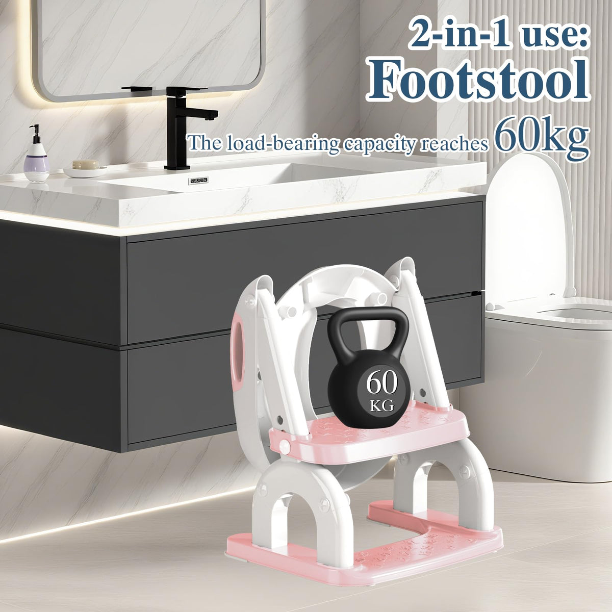 CUXFLS - Asiento de entrenamiento para niños pequeños, altura ajustable 2 en 1, escalera de inodoro para niños y niñas, con protector contra salpicaduras, cojín impermeable, almohadilla antideslizante