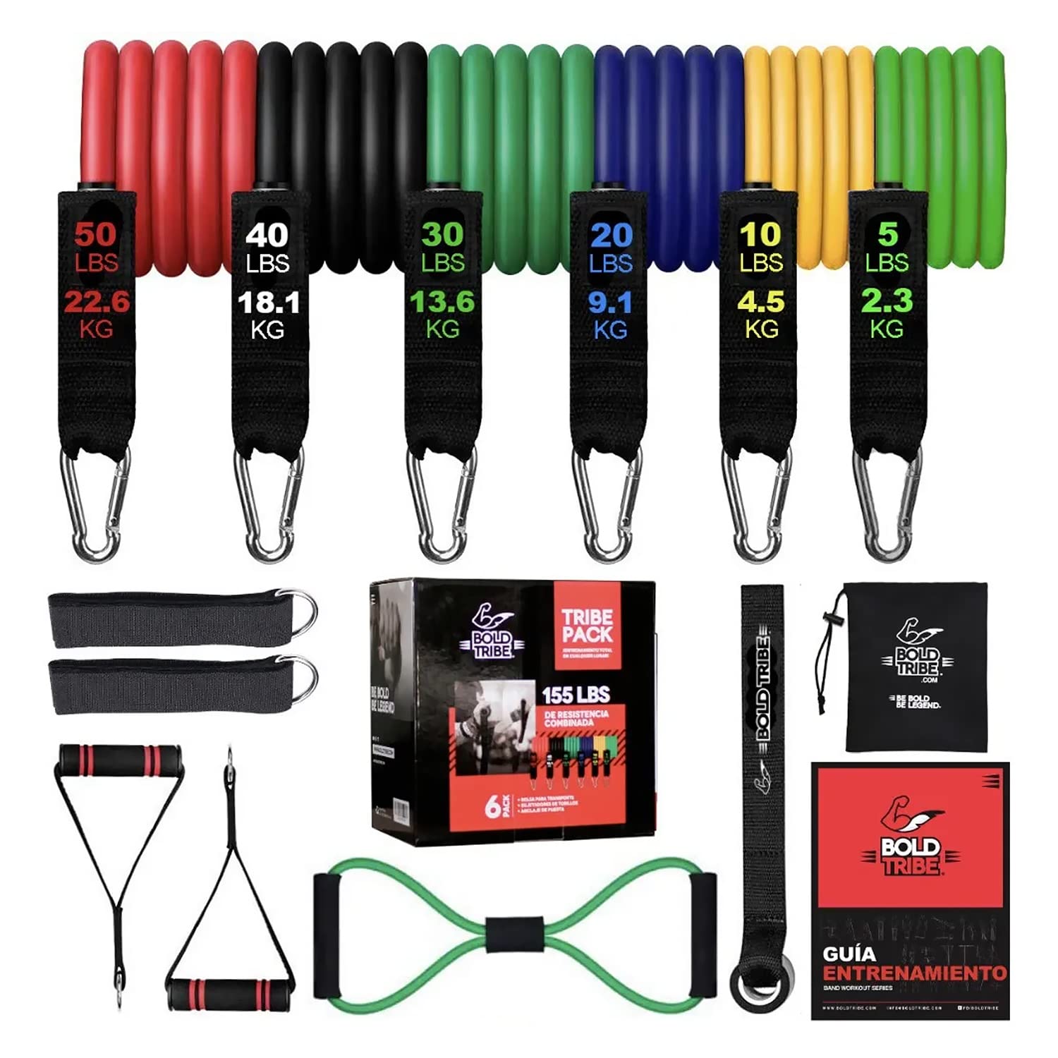 BOLD TRIBE Set Completo Tribe Pack con 14 Piezas - 6 Ligas de Resistencia Tubulares - 155 Lbs de Resistencia Combinada - Gym en Casa, Cross Training y Rehabilitación - Gimnasio