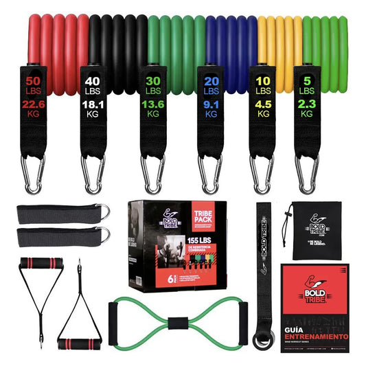 BOLD TRIBE Set Completo Tribe Pack con 14 Piezas - 6 Ligas de Resistencia Tubulares - 155 Lbs de Resistencia Combinada - Gym en Casa, Cross Training y Rehabilitación - Gimnasio