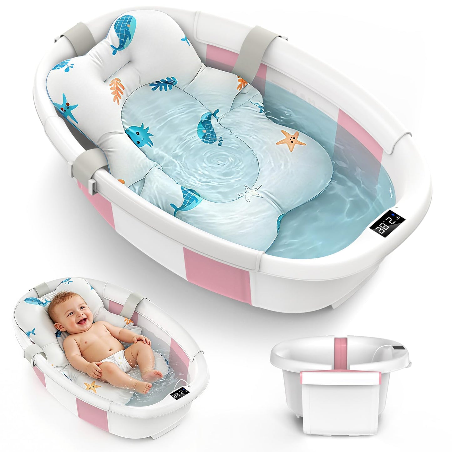 tina plegable para bebés recién nacidos hasta niños pequeños de 0 a 36 meses, tina grande con termómetro y cojín, tina de viaje plegable fácil de instalar, bañeras de bebé recién nacidos para niños y