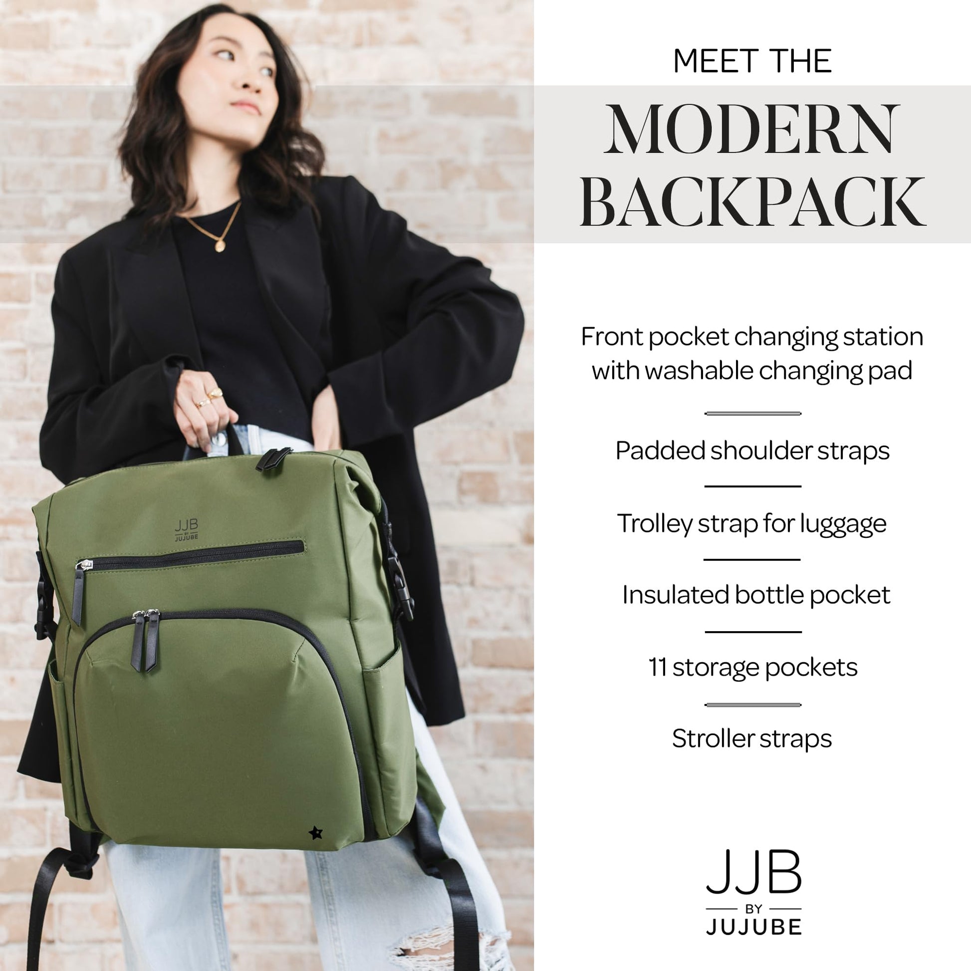JuJuBe - Mochila para pañales con cambiador, organizador de gran capacidad de 11 bolsillos, bolsillo aislado para botellas, correas para carriola y manga para carrito, bolsa de viaje para bebé para