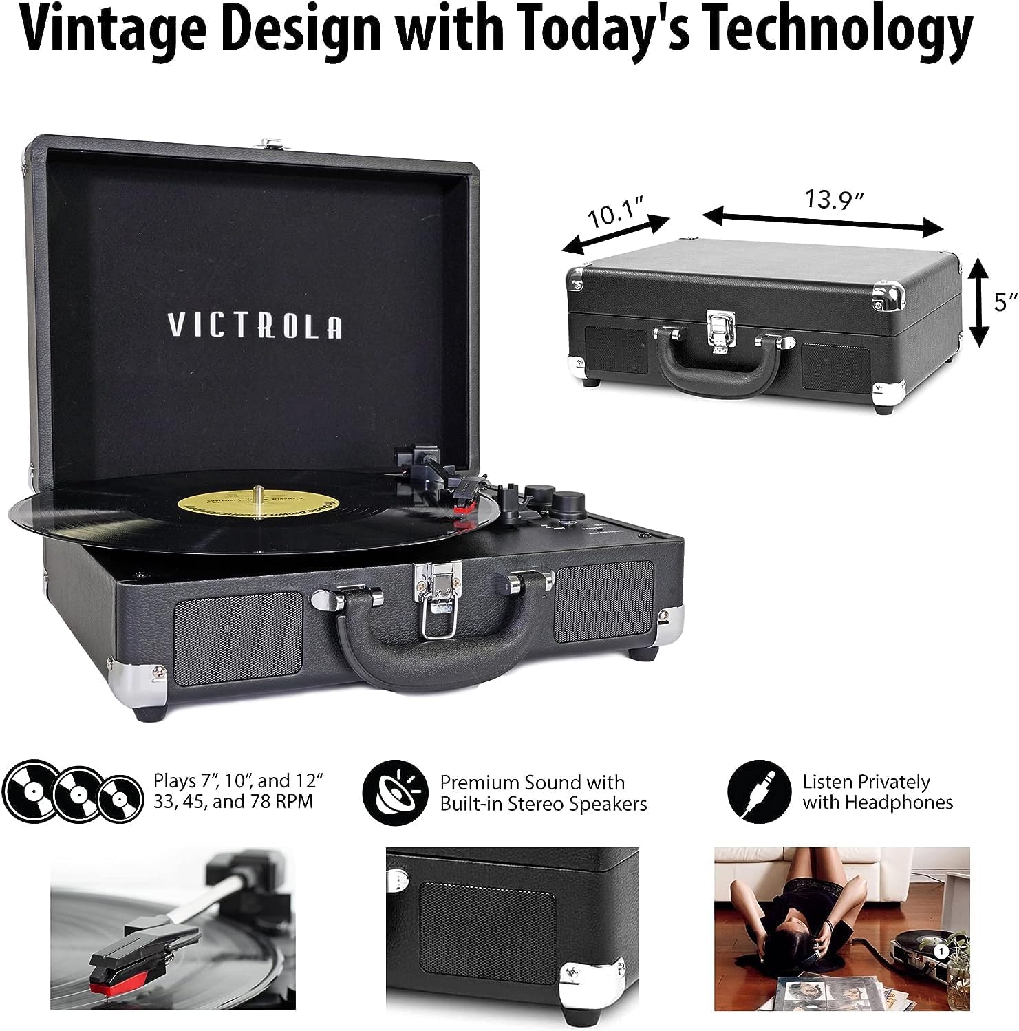 Tocadiscos Portátil Victrola Parker Bluetooth Negro con Giradiscos de 3 Velocidades