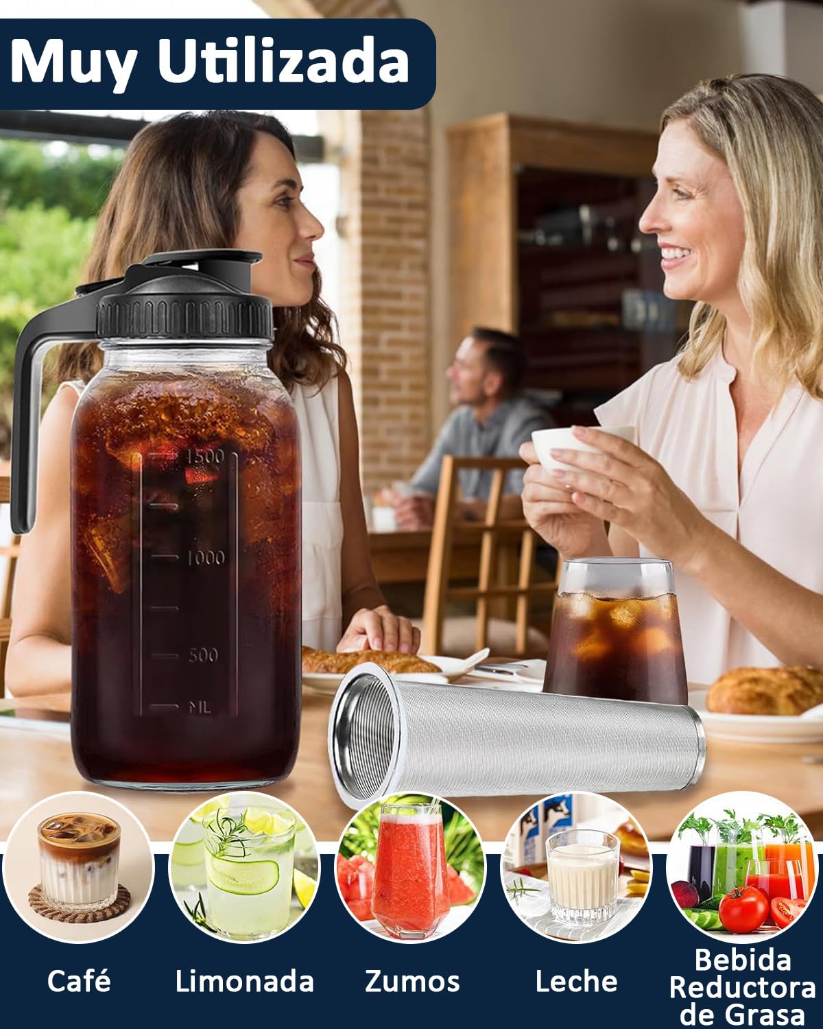 Cafetera Cold Brew Wexlerey Vidrio 64oz Hermética y a Prueba de Fugas con Filtro de Acero Inoxidable para Café, Té y Bebidas de Frutas