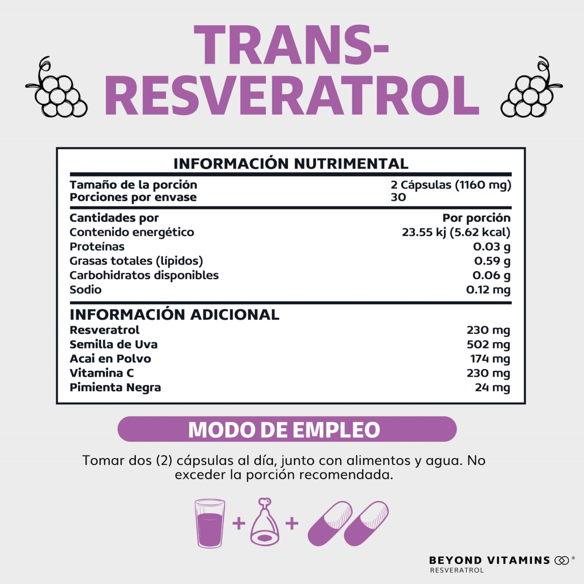 Suplemento Trans-Resveratrol Vegano con Pimienta Negra y Vitamina C para Mejor Absorción