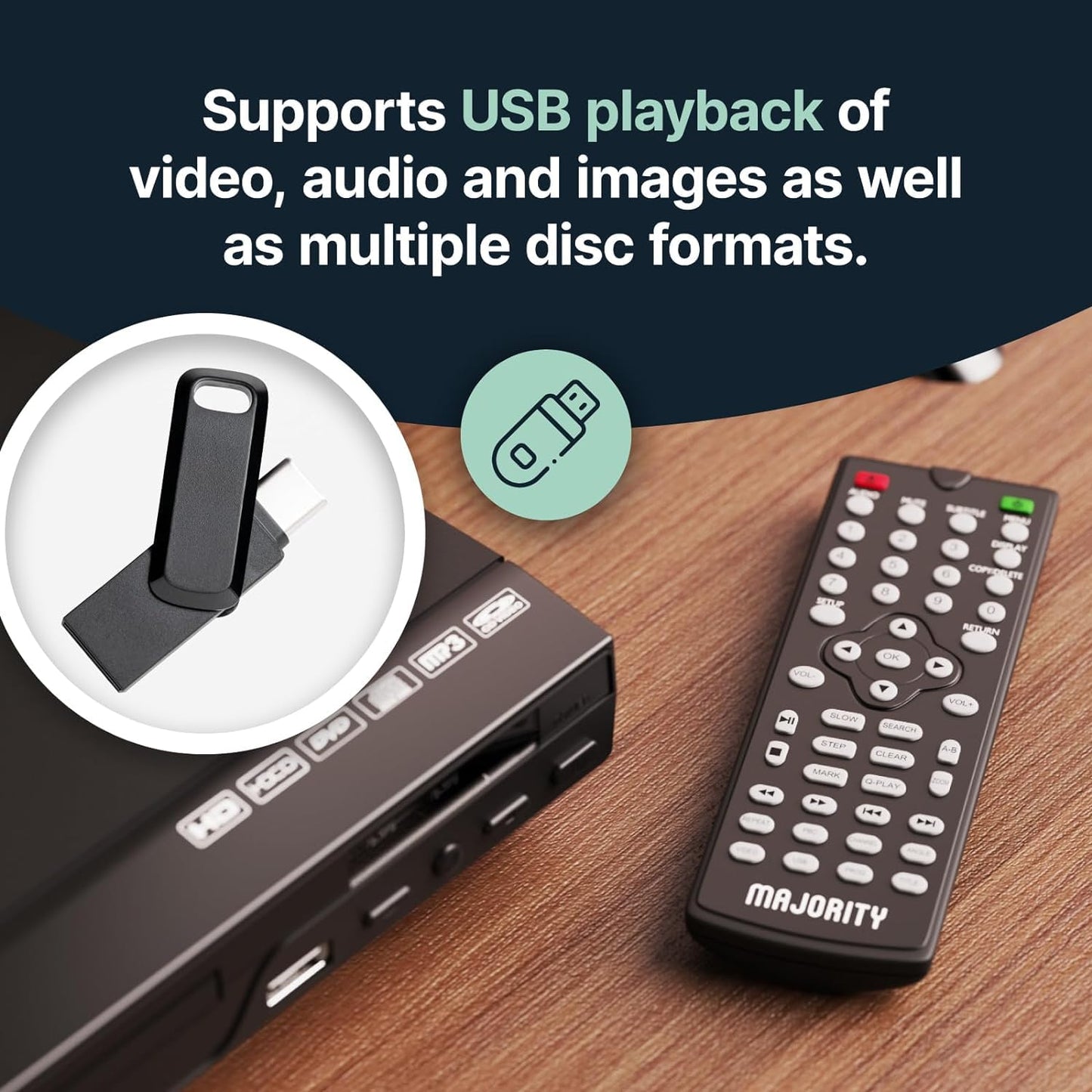 Reproductor de DVD HDMI para TV | Reproductores de DVD libres de región 1080P para Smart TV | Mini reproductor de DVD con USB, CD y MP3 | Cable HDMI, cable RCA y control remoto incluido | MAJORITY