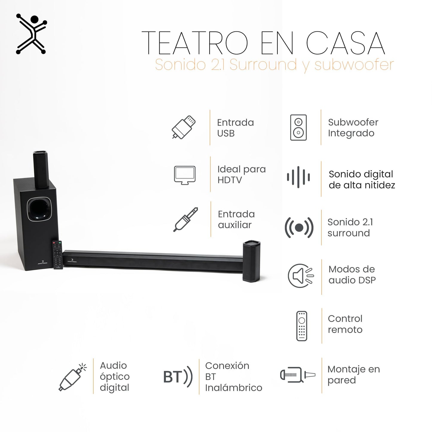 Perfect Choice Teatro en casa con subwoofer Bluetooth Inalambrico Sonido Surround de 5.1 Canales Reproduce Audio de Alta Calidad, Incluye Accesorios para Montaje en Pared Home Cinema