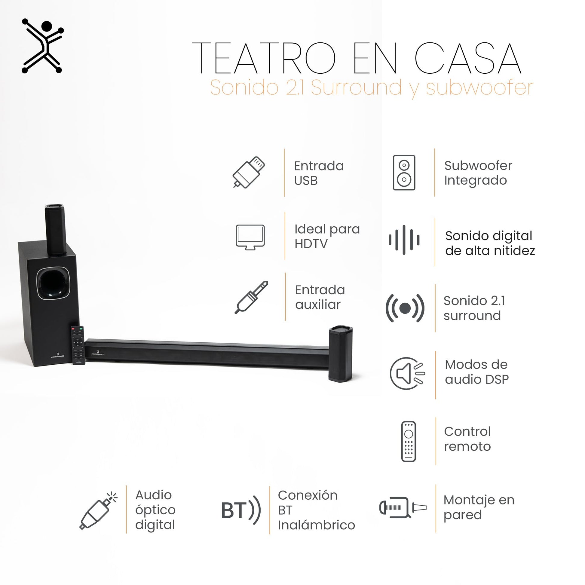 Perfect Choice Teatro en casa con subwoofer Bluetooth Inalambrico Sonido Surround de 5.1 Canales Reproduce Audio de Alta Calidad, Incluye Accesorios para Montaje en Pared Home Cinema