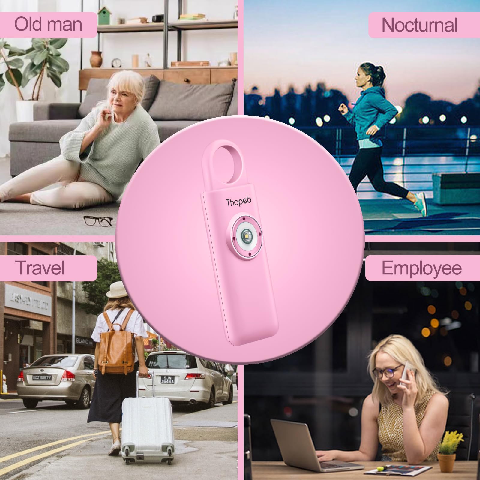 Alarma de Seguridad Personal para Mujer, Luz LED Estroboscópica, Sirena de 130 dB para Universidades