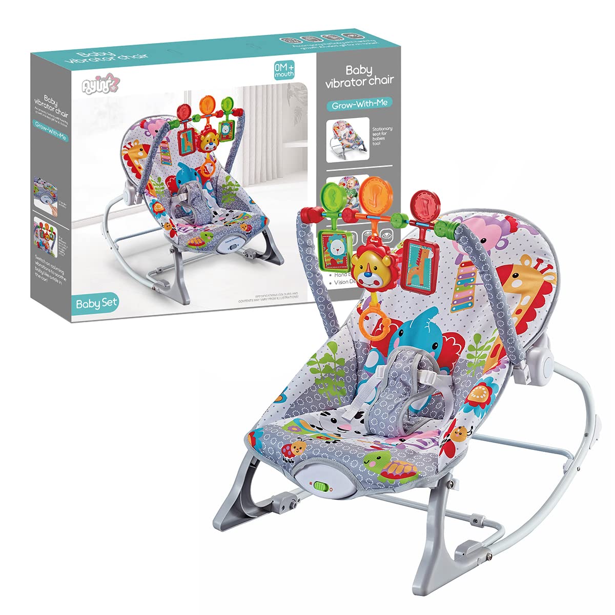 Silla Mecedora Musical Raganet Gris con Barra de Juguetes Desmontable para Bebés y Niños Pequeños