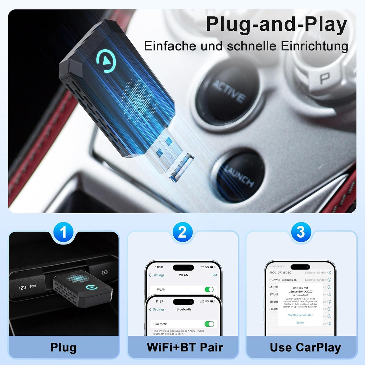 Adaptador Inalámbrico iPhone USB-C USB CarPlay Cable a Inalámbrico