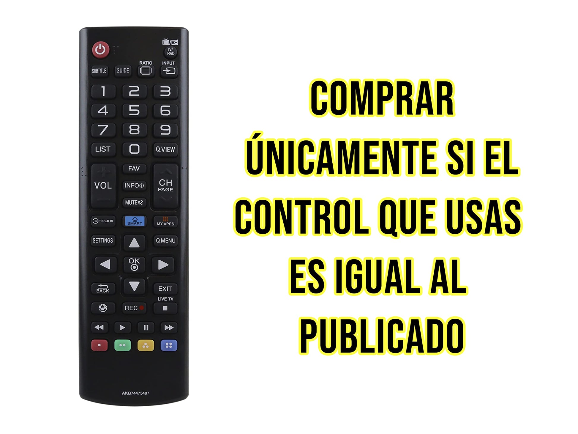 Control Remoto LG AKB74475407 Smart TV Control Directo, 100% Compatible