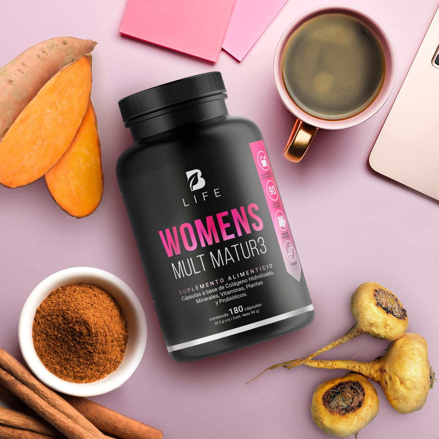 B Life Company Multivitamínico para Mujer Mayor de 40 años con 180 Cápsulas. Ingredientes naturales: Colágeno, Inositol, Maca, Probioticos. Womens Mult Matur3