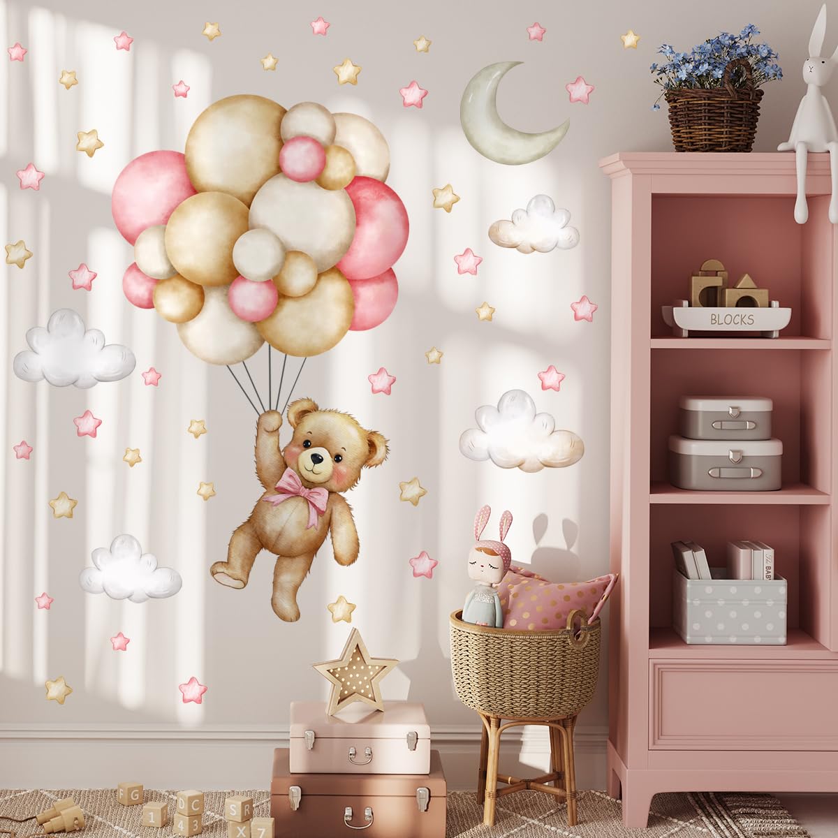 Calcomanías de pared de oso de peluche, globos de aire, estrella, luna y nube, calcomanías de pared para habitación de niños, habitación de bebé, habitación de bebé, decoración de cuarto de bebé (oso