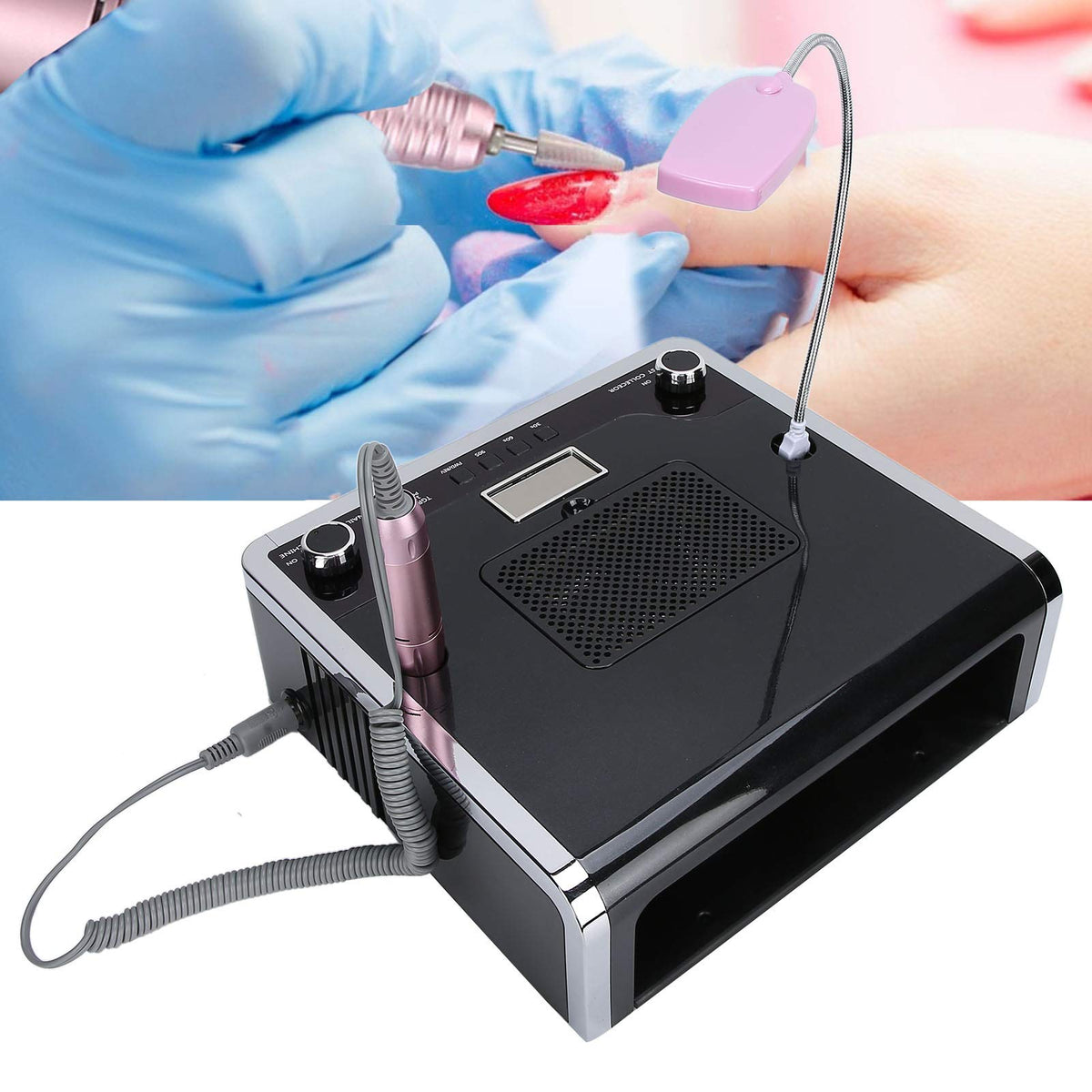 4 EN 1 Taladro de lima de uñas + Colector de polvo de succión de uñas + Lámpara de curado de uñas de gel UV + Lámpara de escritorio LED Secadora de uñas Máquina de pulido de uñas(Black)