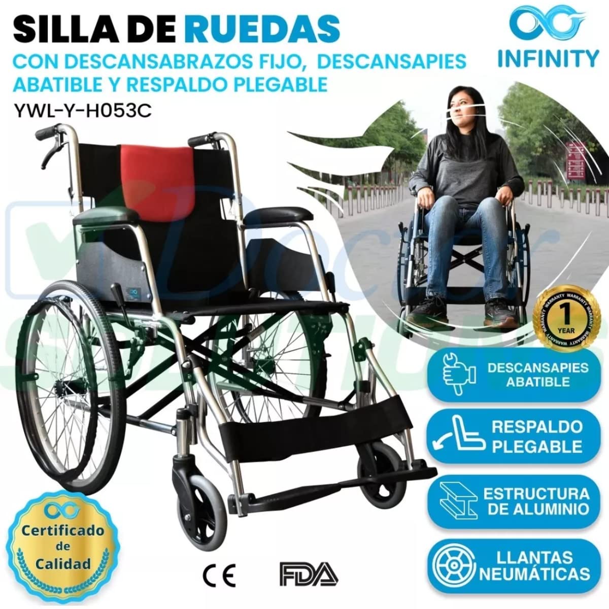 INFINITY | Silla De Ruedas Todo Terreno De Aluminio Con Respaldo Plegable y Doble Sistema de Frenado (Negro-Rojo)