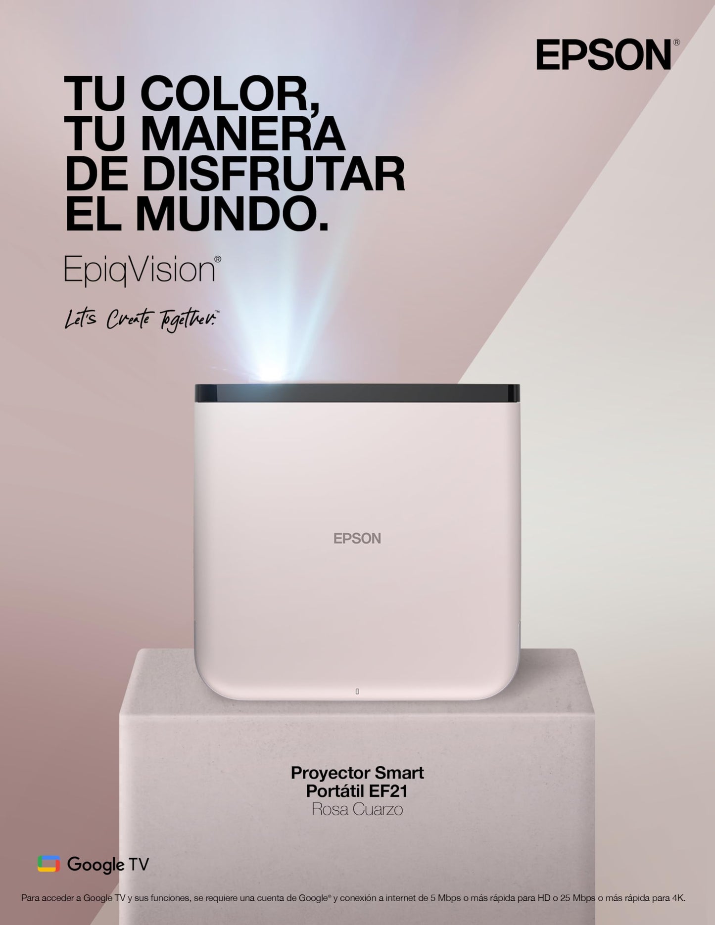 Proyector Láser Inteligente Epson EpiqVision Mini EF21 Rosa con Google TV y Altavoces Estéreo