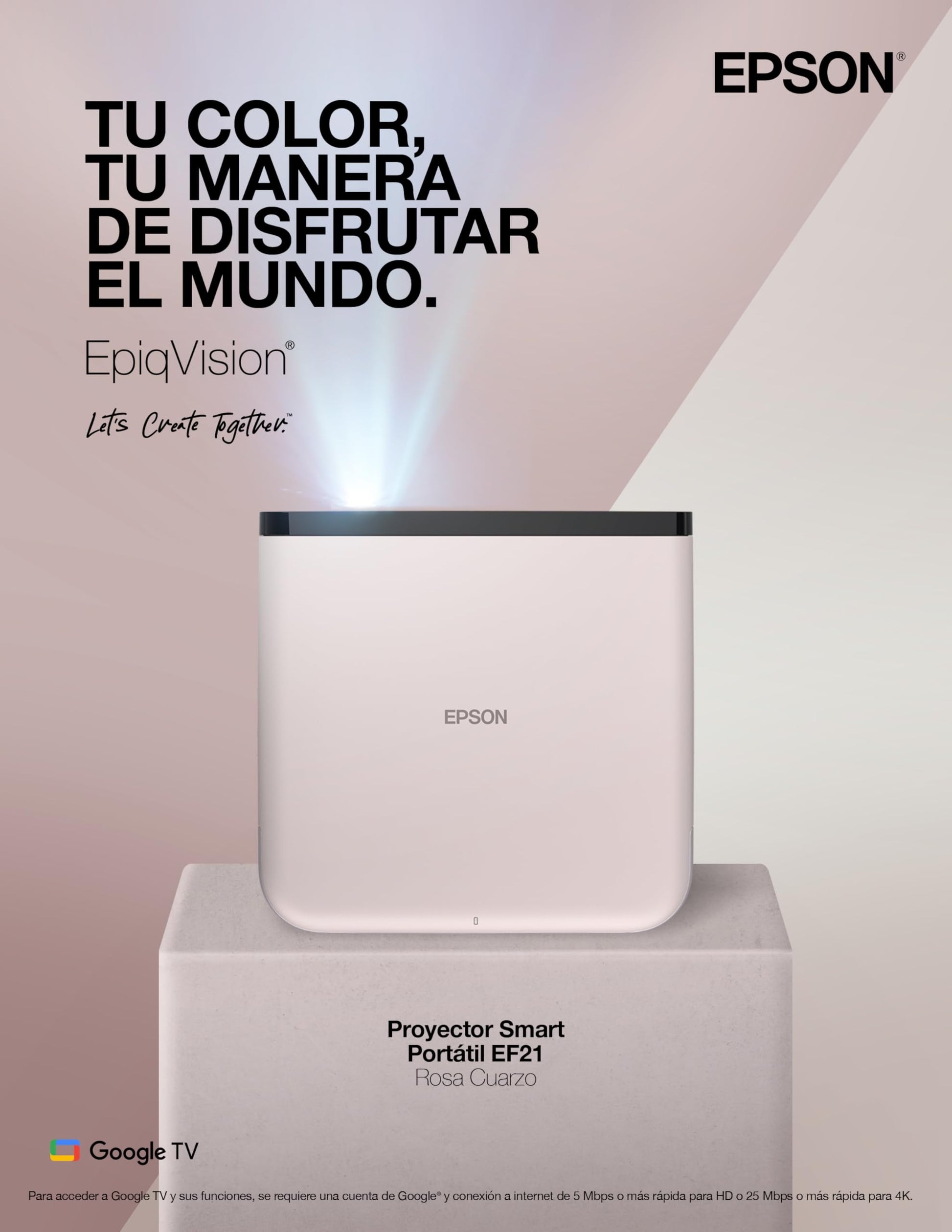 Proyector Láser Inteligente Epson EpiqVision Mini EF21 Rosa con Google TV y Altavoces Estéreo