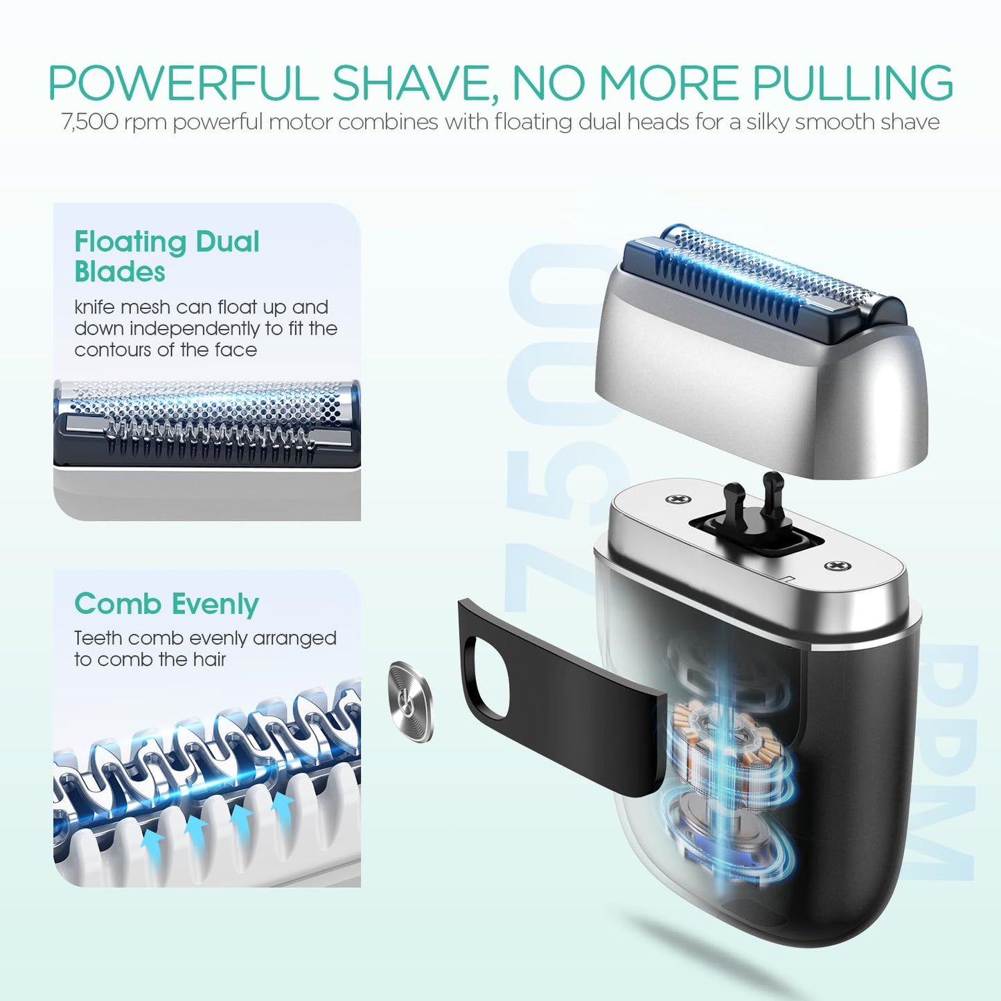VOYOR Afeitadora Eléctrica para Hombre Portátil Uso en Seco y Húmedo Resistente al Agua IPX6 Doble Cuchilla Flotante 3D Ideal para Viajes Recortadora de Barba Ligera y Portátil ER300 (Plata)