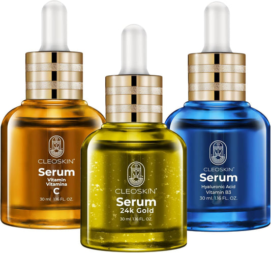 CLEOSKIN Kit 3 sueros faciales, Serum Vitamina C (ácido ascórbico), Serum Ácido Hialurónico con Niacinamida y Serum 24k Oro, para el cuidado de la piel, skincare