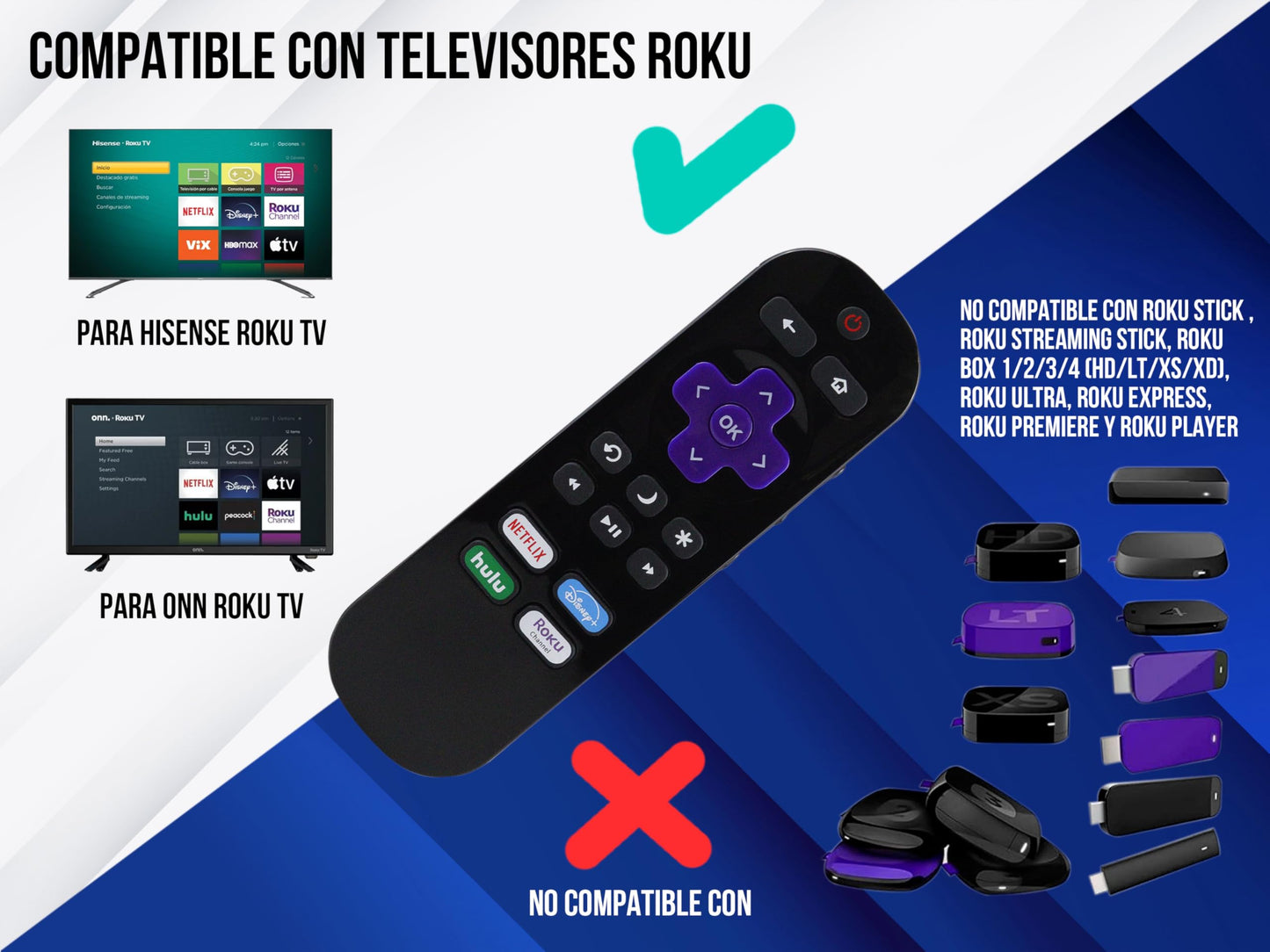 CONTROL EXPERT Control Remoto Compatible con Onn Roku TV Smart TV Directo