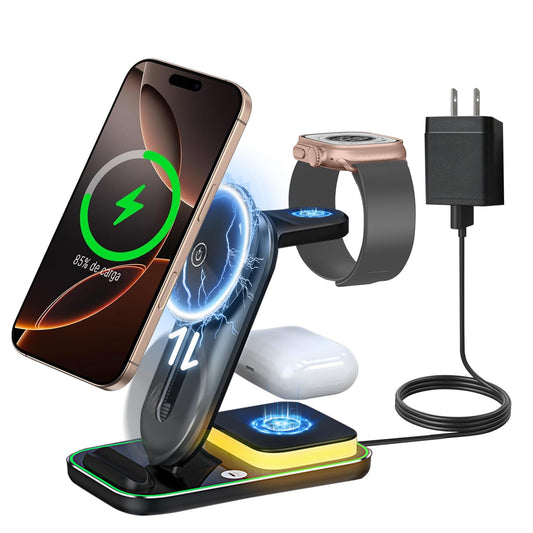 Cargador inalámbrico 3 en 1,Estación de Carga con 18W Cable de 1M y Luz Ambiental,Compatible con Samsung Galaxy,iPhone 12/13/14/15/16/Pro/Pro Max,AirPods 2/3/4/Pro y Apple Watch SE/10/9/8/7/6/5/4