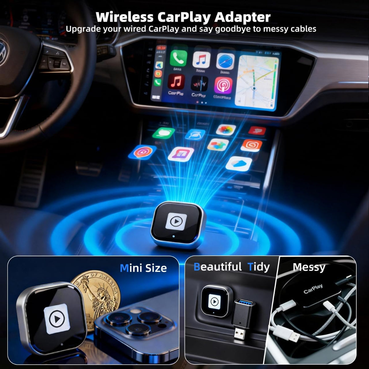 Adaptador Automático Inalámbrico CarPlay y Android 2 en 1 con Convertidor USB USB-C Doble Banda 5 GHz