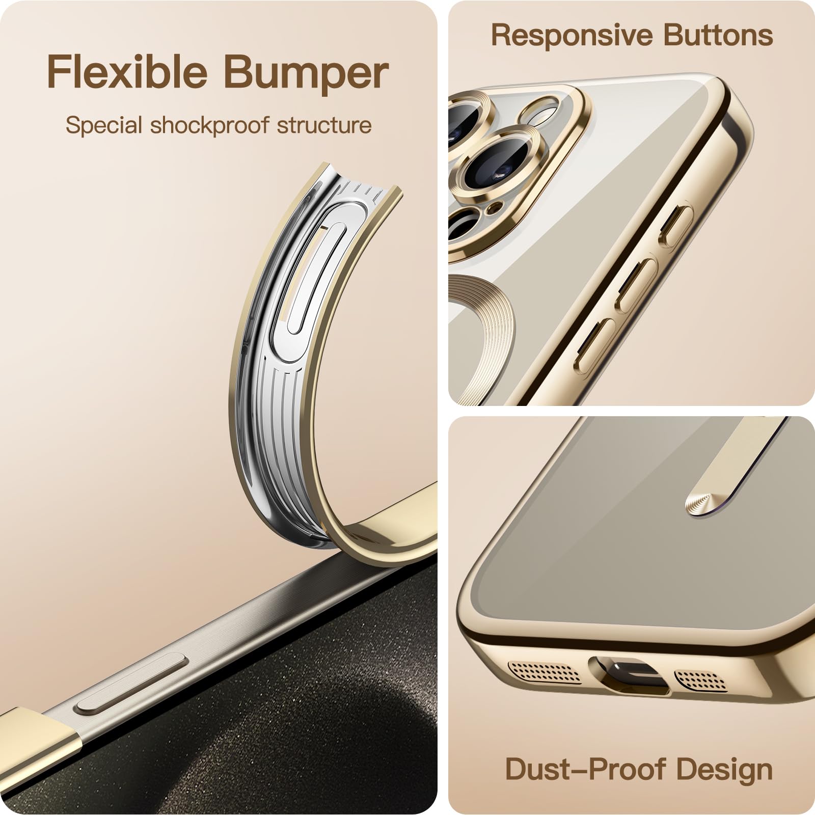 JETech Funda Suave Claro para iPhone 15 Pro MAX 6.7 Pulgadas, Lente Cámara Protección Completa, Compatible con MagSafe Carga Inalámbrica, Carcasa TPU Galvanizada Antigolpes (Oro)