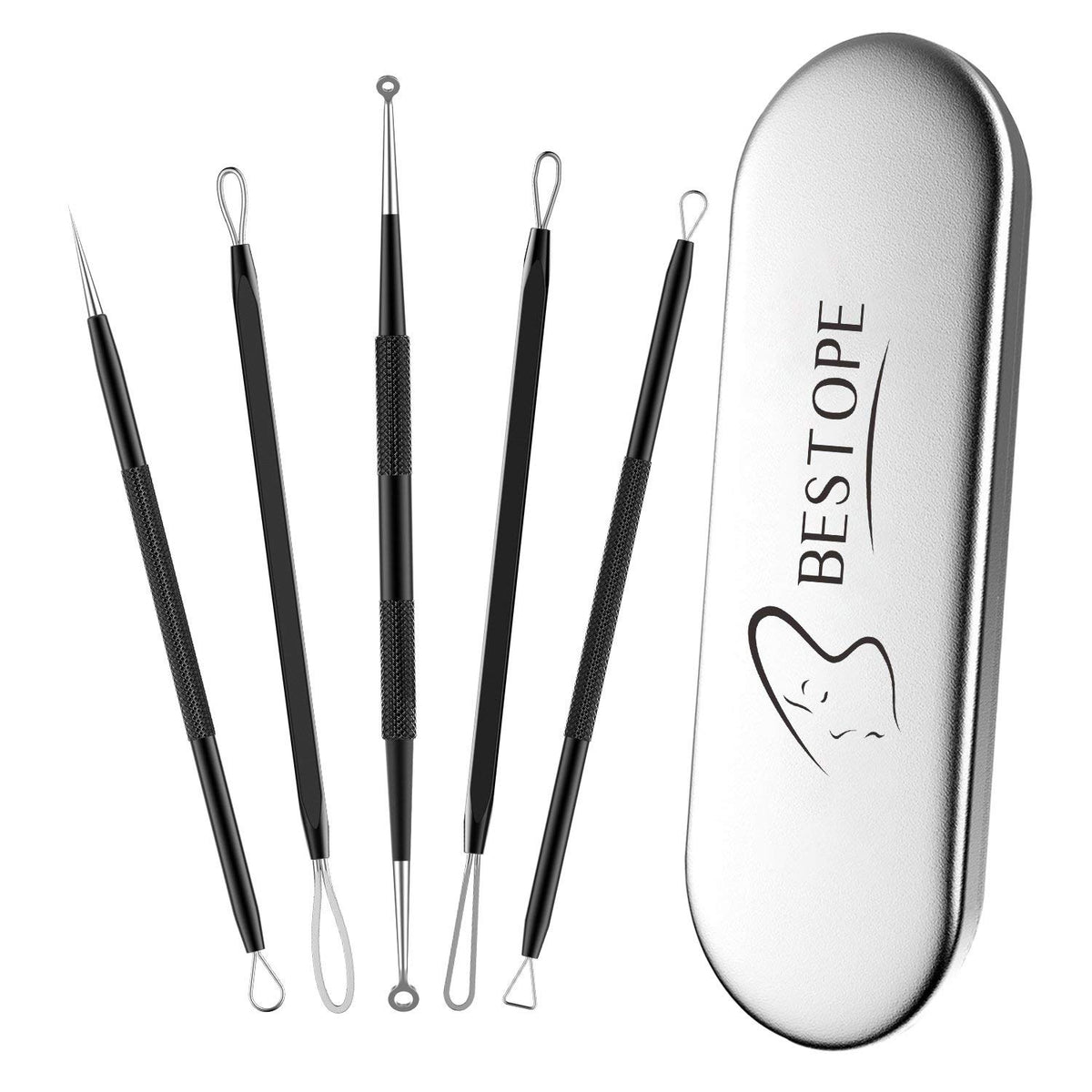 BESTOPE | Kit de herramientas para extracción de espinillas | Para rostro y nariz | 5 piezas distintas de acero inoxidable color negro.
